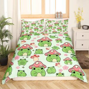 Mushroom Frog Duvet Cover Set Twin Size Cute Mushroom Bedding Set 2pcs for Kids Girls Boys Bedroom Decor Cartoon Animals Plants Comforter Cover Pink Green Quilt Cover,1 Pillowcase