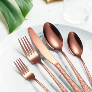 A · HOUSEWARE Hammered Silverware Copper/Rose Gold Flatware Set 40 Piece Service for 8 Stainless Steel Knives Forks Spoons Creative Handle Eating Utensils for Festival Parties Kitchen Daily Use