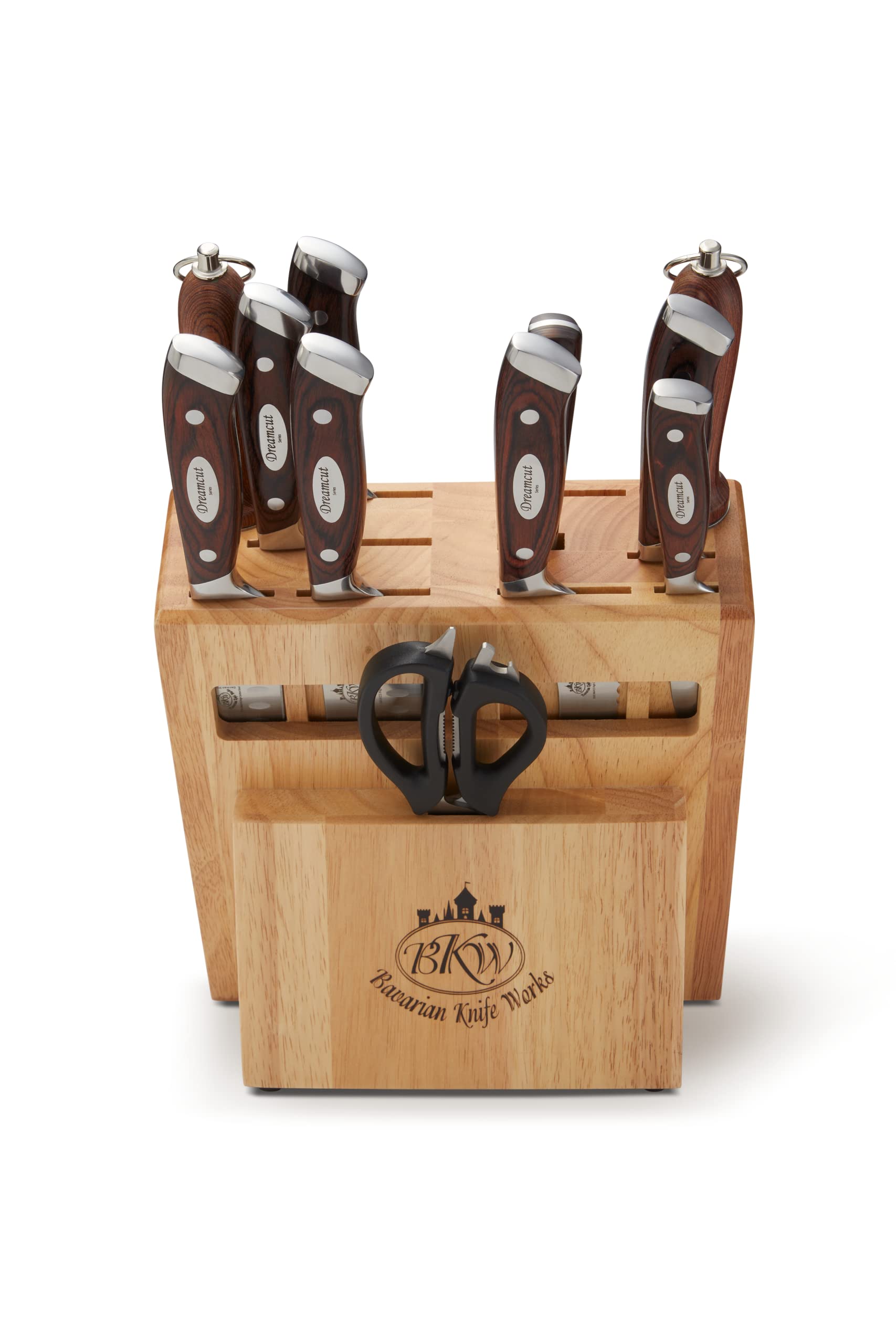 Bavarian Knife Works 19 Pieces Kitchen Knife Set, Knife Block Set with Steak Knives, Razor Sharp Blades, Ergonomic Pakkawood Handle, Light Weight Easy to Sharpen made of German Steel