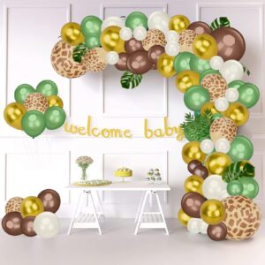 Safari Balloon Garland Arch Kit, 170pcs Sage Green White Sand Double Stuffed Brown Balloons with Animal Print Jungle Birthday Girl Baby Shower Wild One Decor for Giraffe Woodland Balloon Arch Kit