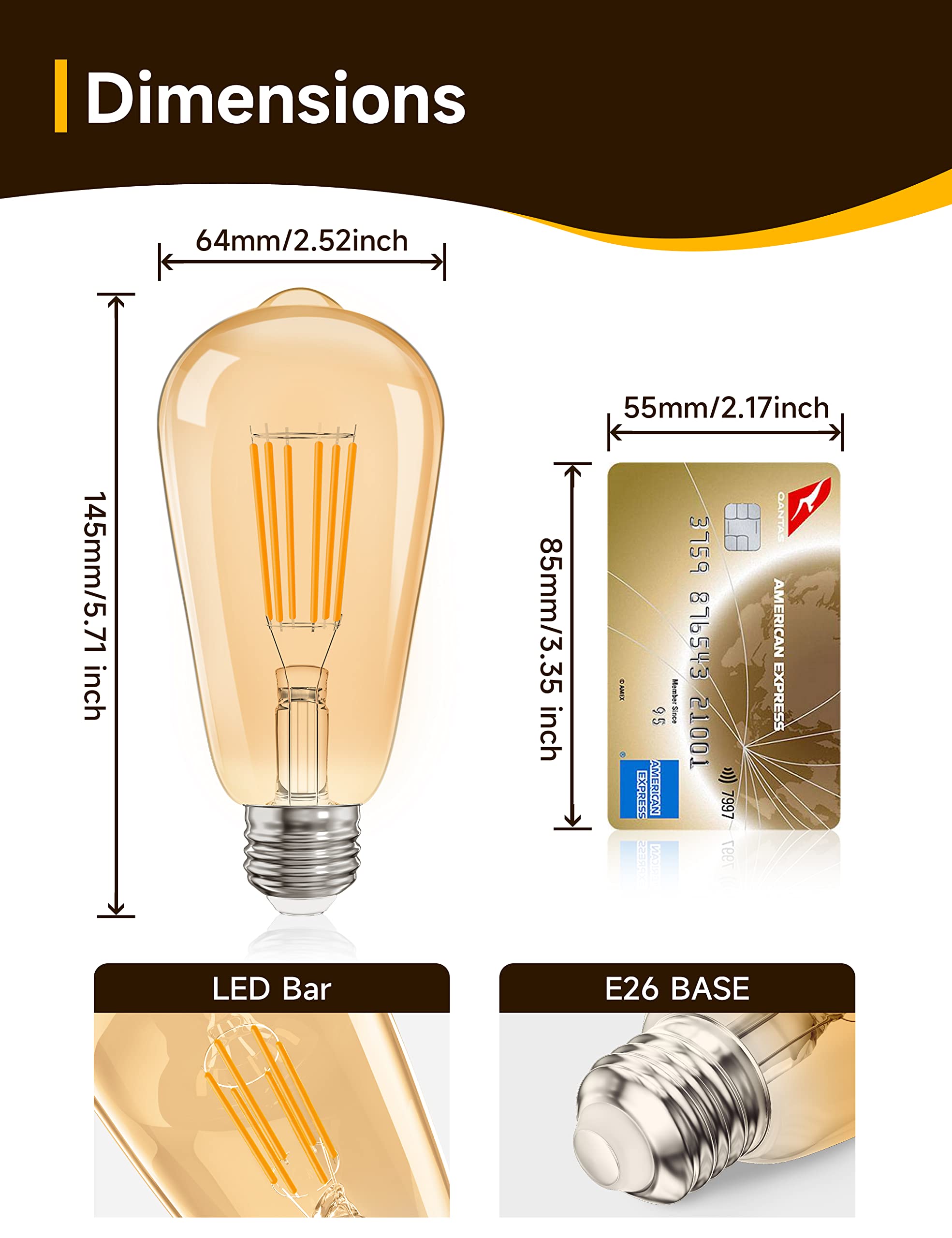 UNILAMP Dimmable LED Edison Bulb, ST64 E26 Base Lighting Vintage LED Bulbs, 6W Vintage LED Light Bulb(60W Equivalent), 600lm, 2200K Amber Warm, High Brightness Amber Glass (2 Packs)