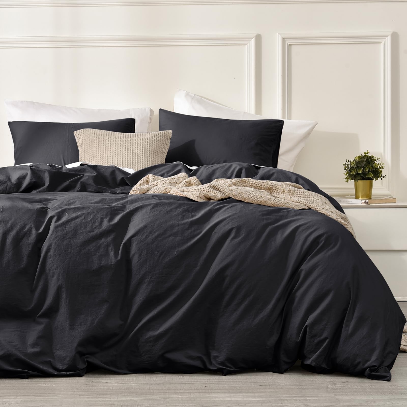 PHF 100% Washed Cotton Duvet Cover King Size, Ultra Soft Cotton Linen Tassel Like Duvet Cover Set, 3pcs Breathable Durable Duvet Cover with Pillowcases for All Seasons, 104"x90", Black