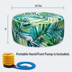 Magpie Fabrics Inflatable Stool Ottoman Pouf D20 xH9, Outdoor Round Footrest Footstool with Foot Pump, Portable for Patio Garden Travel Camping -Green Palm Leaves