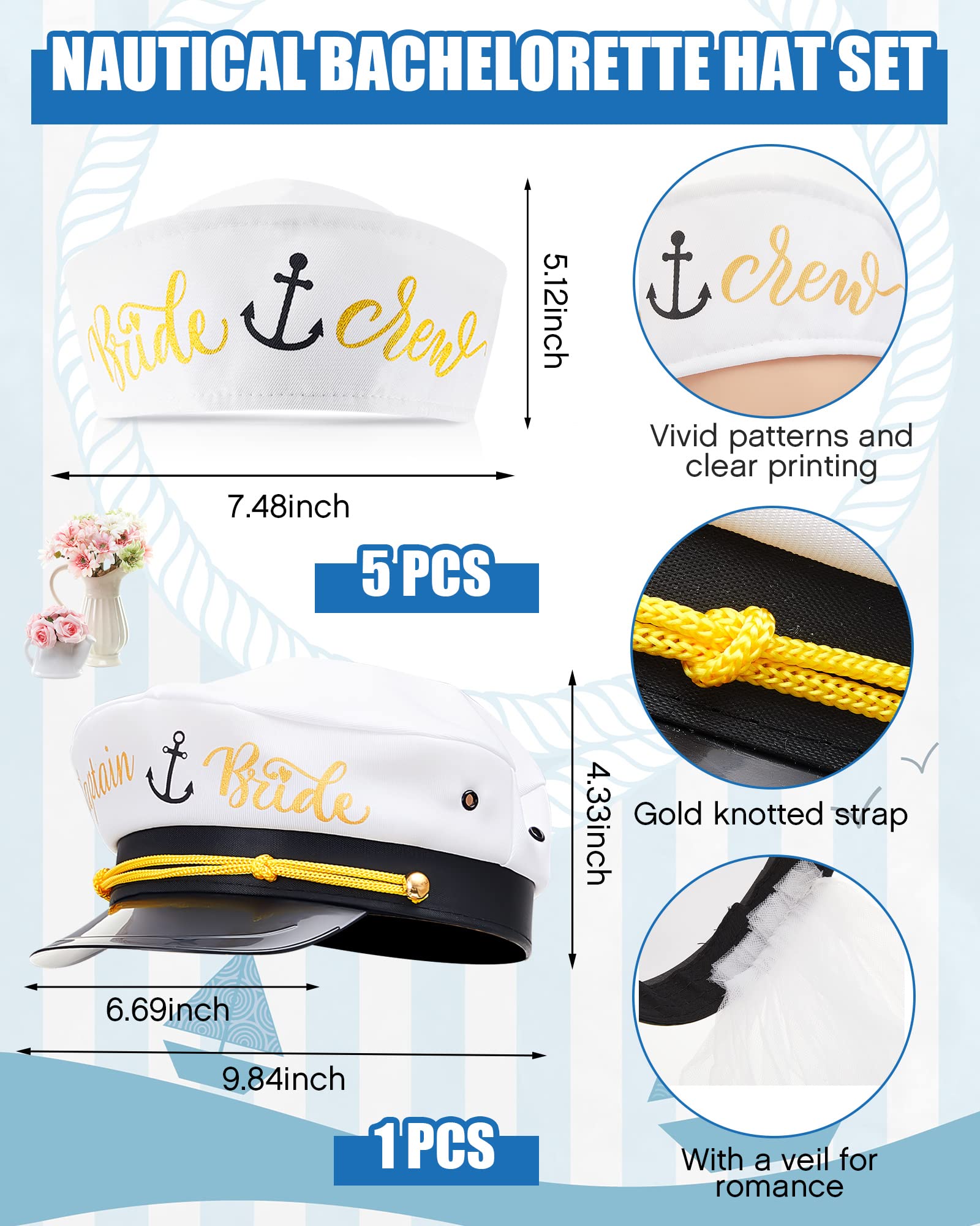 6 Sets Nautical Bridal Shower Hat Set - Women's Bride Captain Hat with Veil, Crew Sailor Hat, Fanny Pack, Heart Sunglasses for Bachelorette Party Boat Supplies