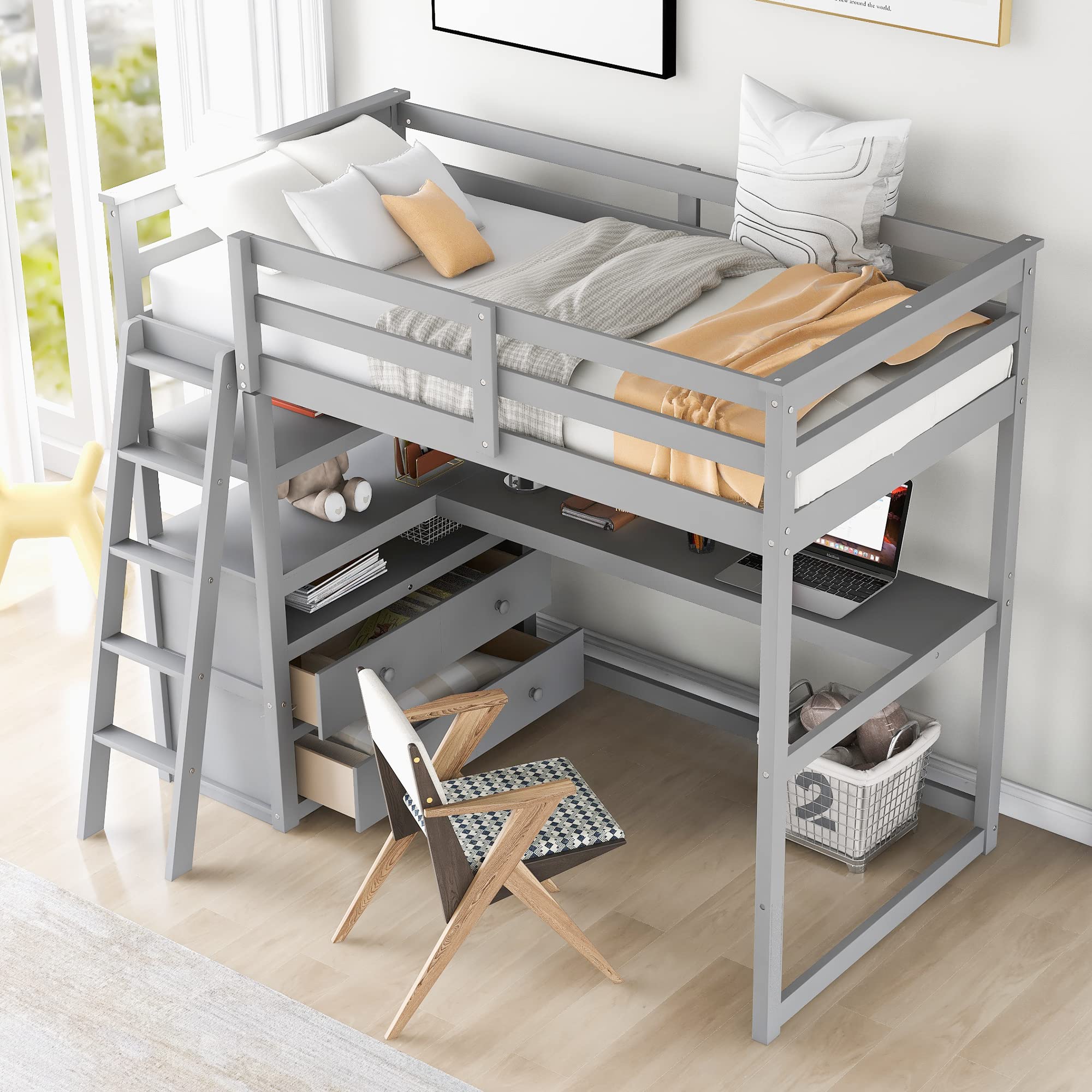 Bellemave Twin Loft Bed with Desk and Storage Drawers Wood Loft Bed with Bookshelf and Ladder for Kids Boys Girls Teens, Gray