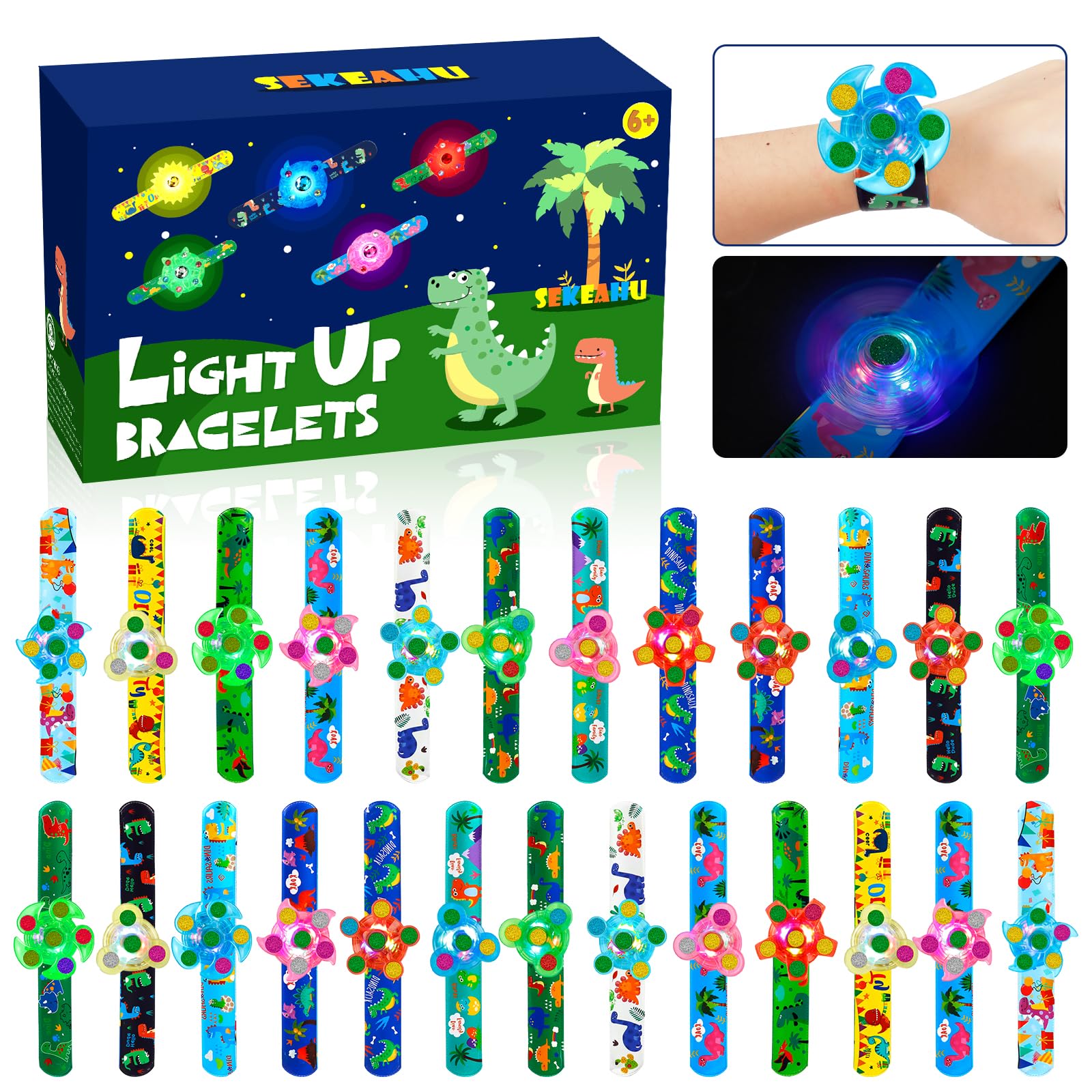 SEKEAHU 25 PCS Light Up Fidget Rotating Toy + 25PCS Slap Bracelets, Dinosaur Christmas Party Favors Stocking Stuffers for Kids 4-8-12 Goodie Bag Stuffers Glow in The Dark Supplies Gifts