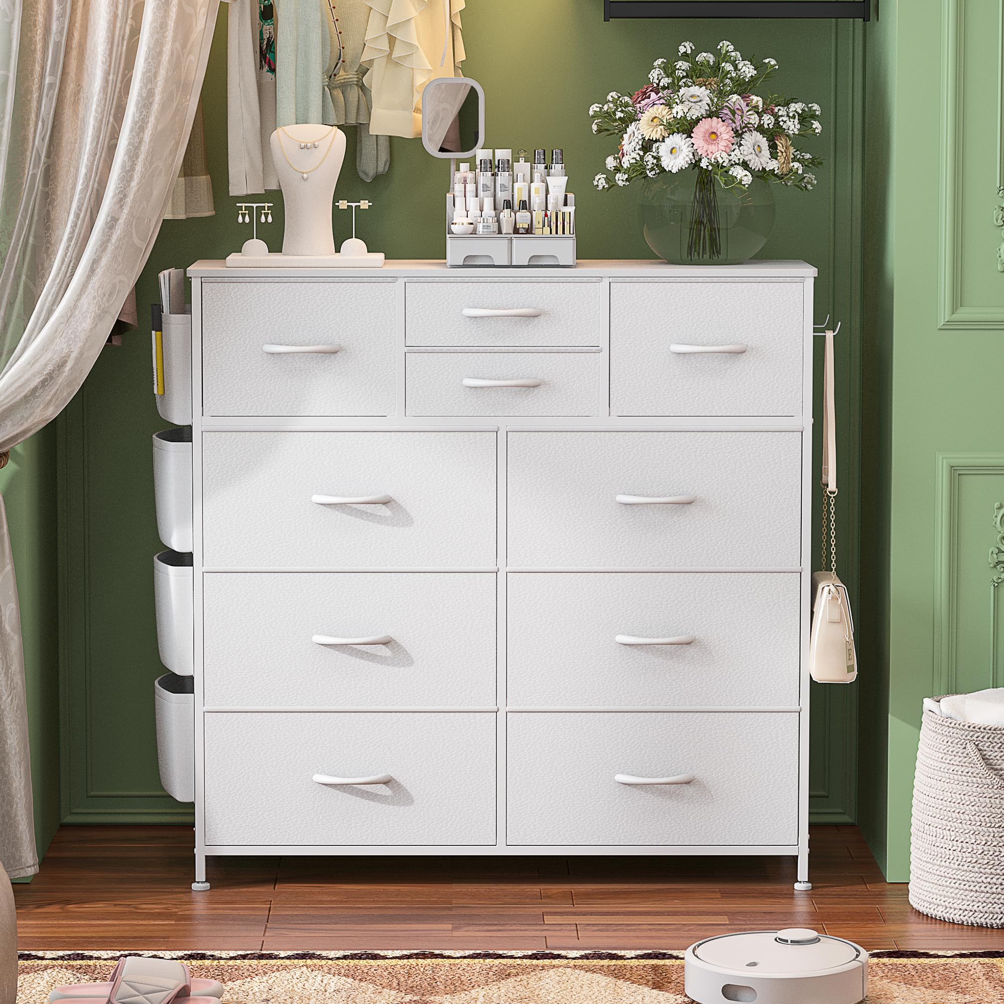 Lulive White Dresser for Bedroom with 10 Drawers, Chest of Drawers with Side Pockets and Hooks, PU Storage Dresser, Organizer Unit for Living Room, Hallway, Closet (White)