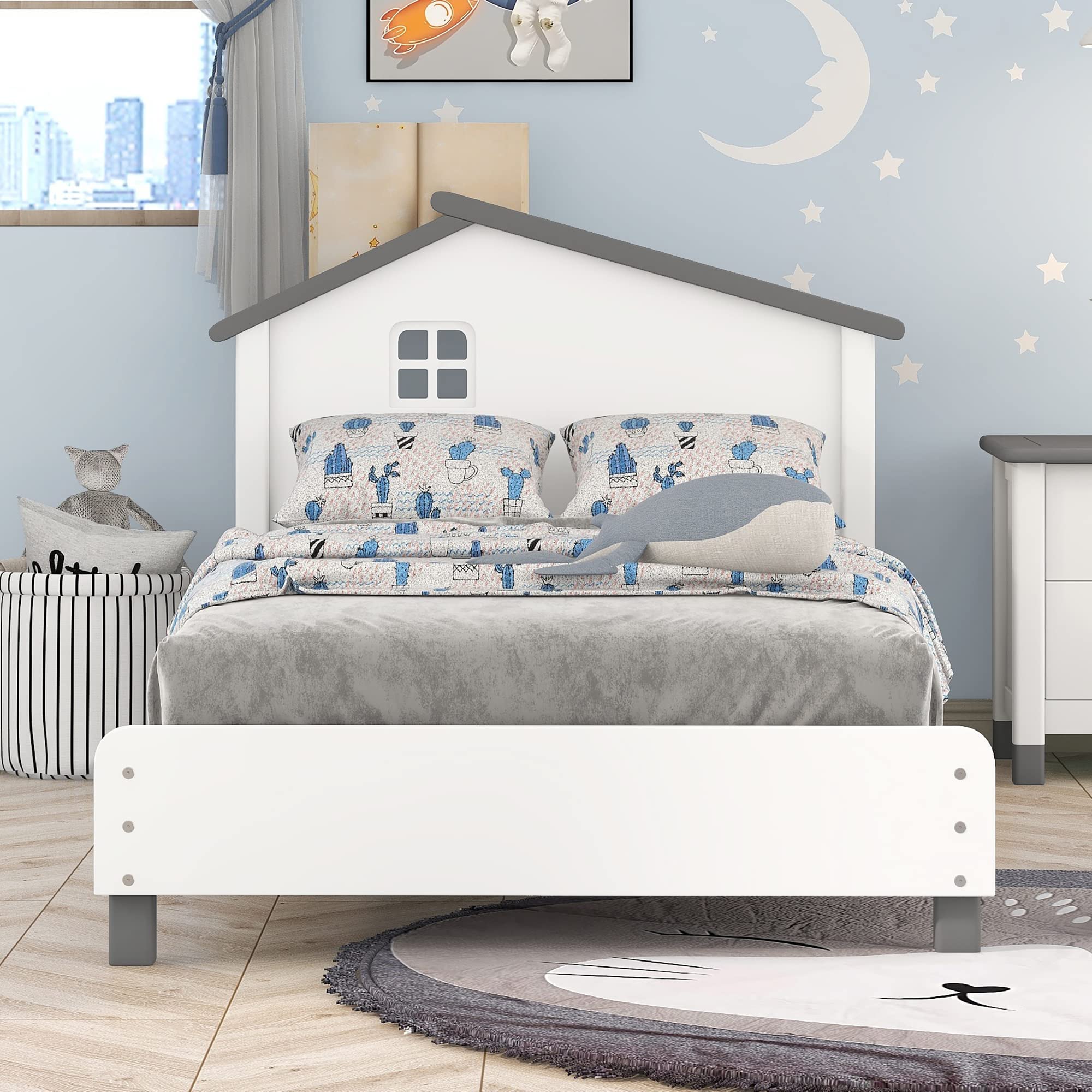 Merax Kids Mordern House Beds Frame Twin, Wood Low Bed for Boys,Girls, No Box Spring Need (Twin, White+Gray)