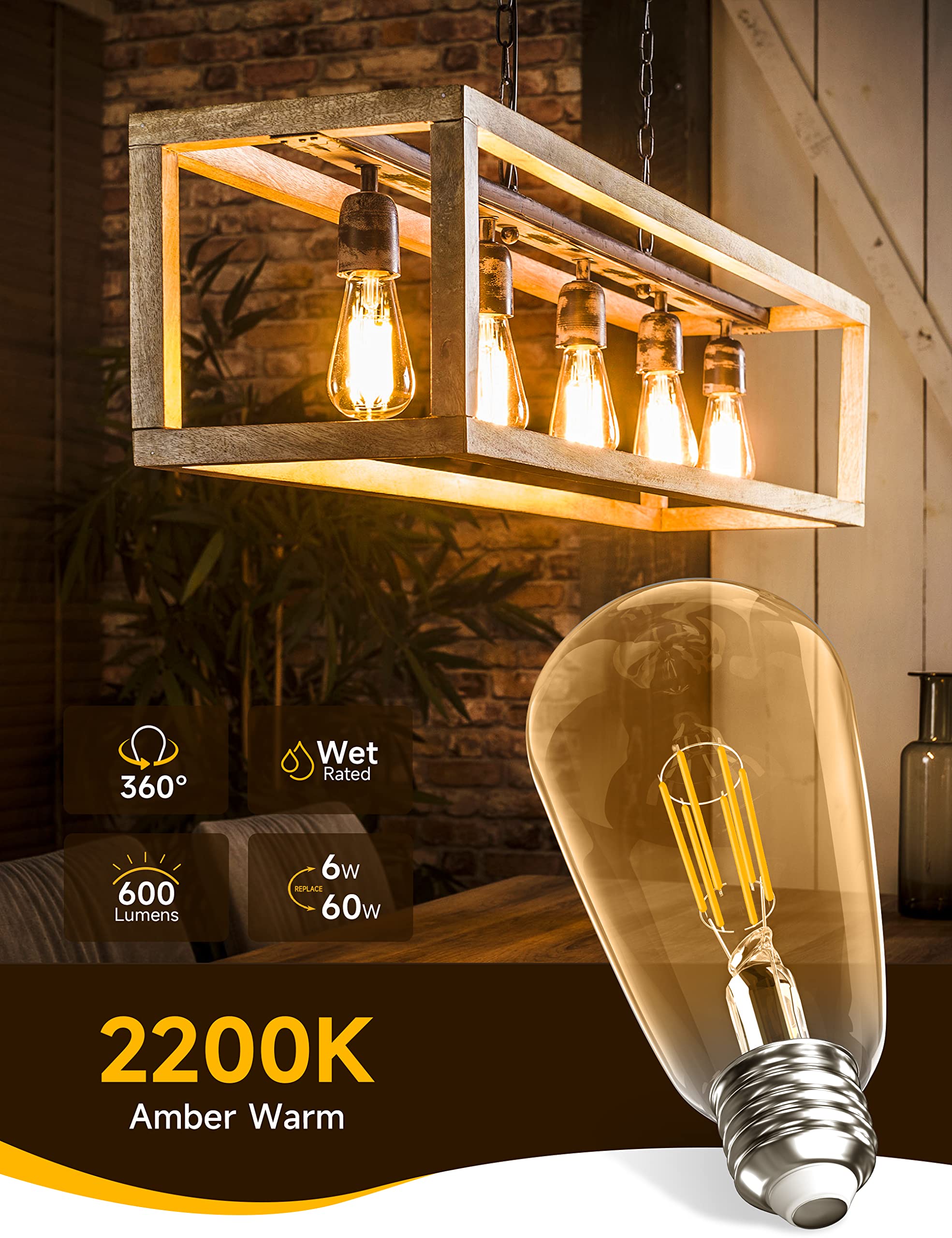 UNILAMP Dimmable LED Edison Bulb, ST64 E26 Base Lighting Vintage LED Bulbs, 6W Vintage LED Light Bulb(60W Equivalent), 600lm, 2200K Amber Warm, High Brightness Amber Glass (2 Packs)