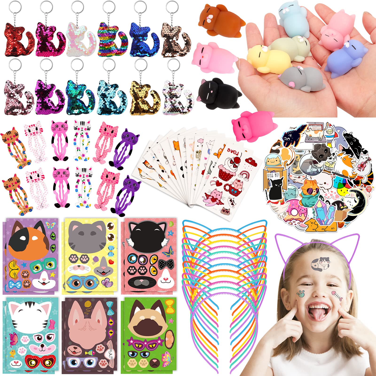 122Pcs Cat Party Favors for Kids - Cat Themed Birthday Party Supplies Cat Ears Headband Flip Sequin Cat Keychain Cat Tattoo Stickers Squeezing Stress Toys Goodie Bag Stuffers Pinata Fillers for Girls