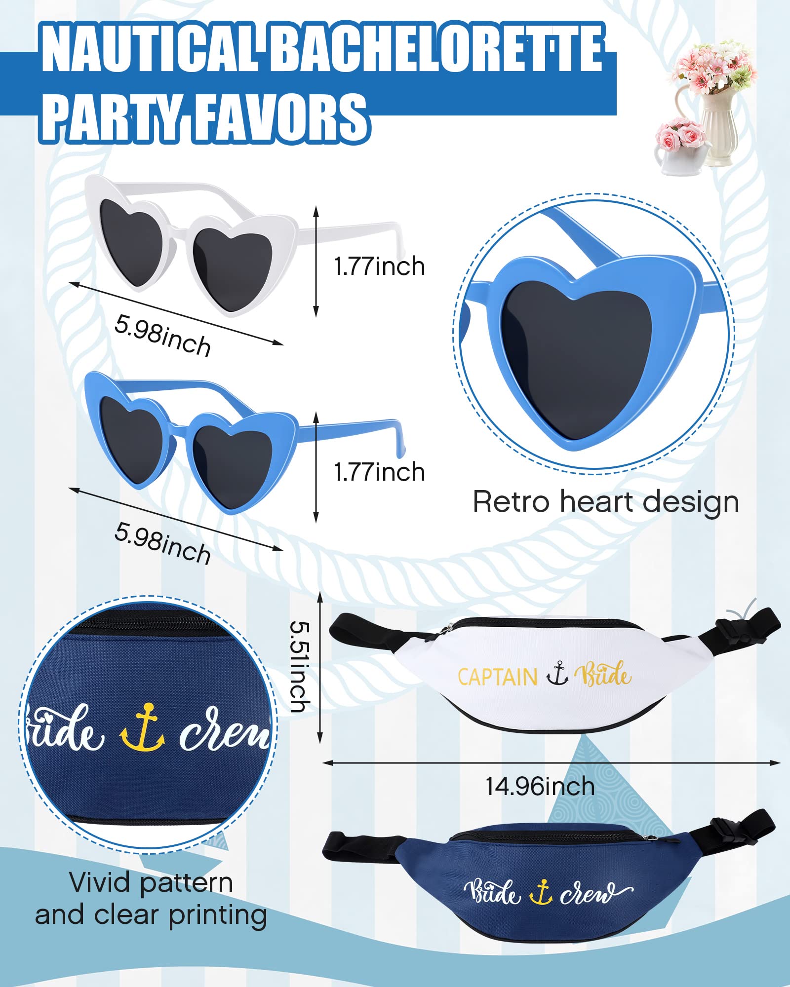 6 Sets Nautical Bridal Shower Hat Set - Women's Bride Captain Hat with Veil, Crew Sailor Hat, Fanny Pack, Heart Sunglasses for Bachelorette Party Boat Supplies