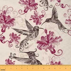 hummingbird fabric by the yard vintage purplish red flowers plant diy craft hobby fabric by the yard wild bird animal decorative fabric for upholstery and home accents,3 yards