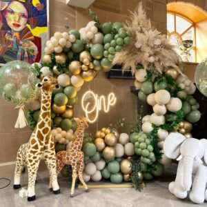 Safari Balloon Garland Arch Kit, 170pcs Sage Green White Sand Double Stuffed Brown Balloons with Animal Print Jungle Birthday Girl Baby Shower Wild One Decor for Giraffe Woodland Balloon Arch Kit