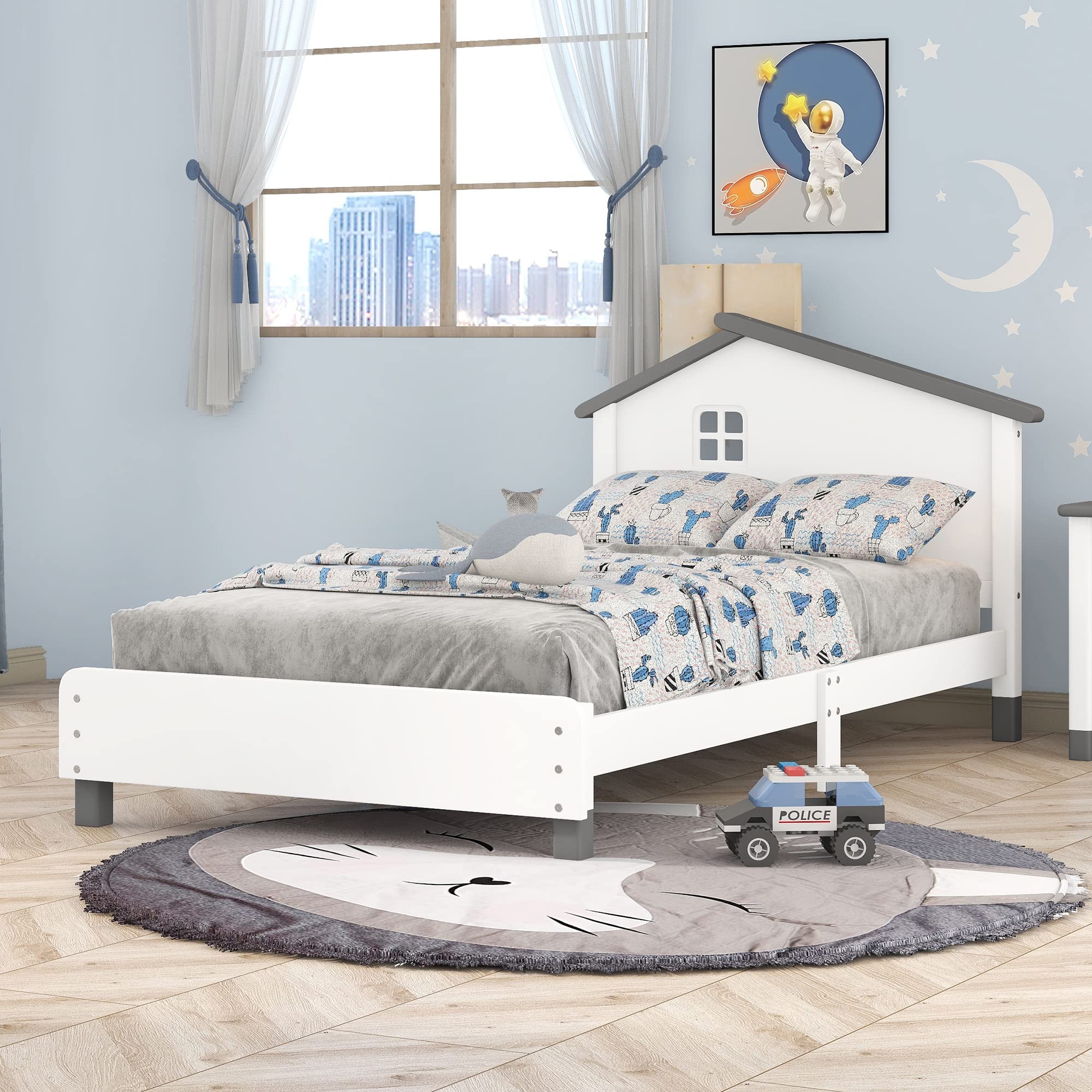 Merax Kids Mordern House Beds Frame Twin, Wood Low Bed for Boys,Girls, No Box Spring Need (Twin, White+Gray)