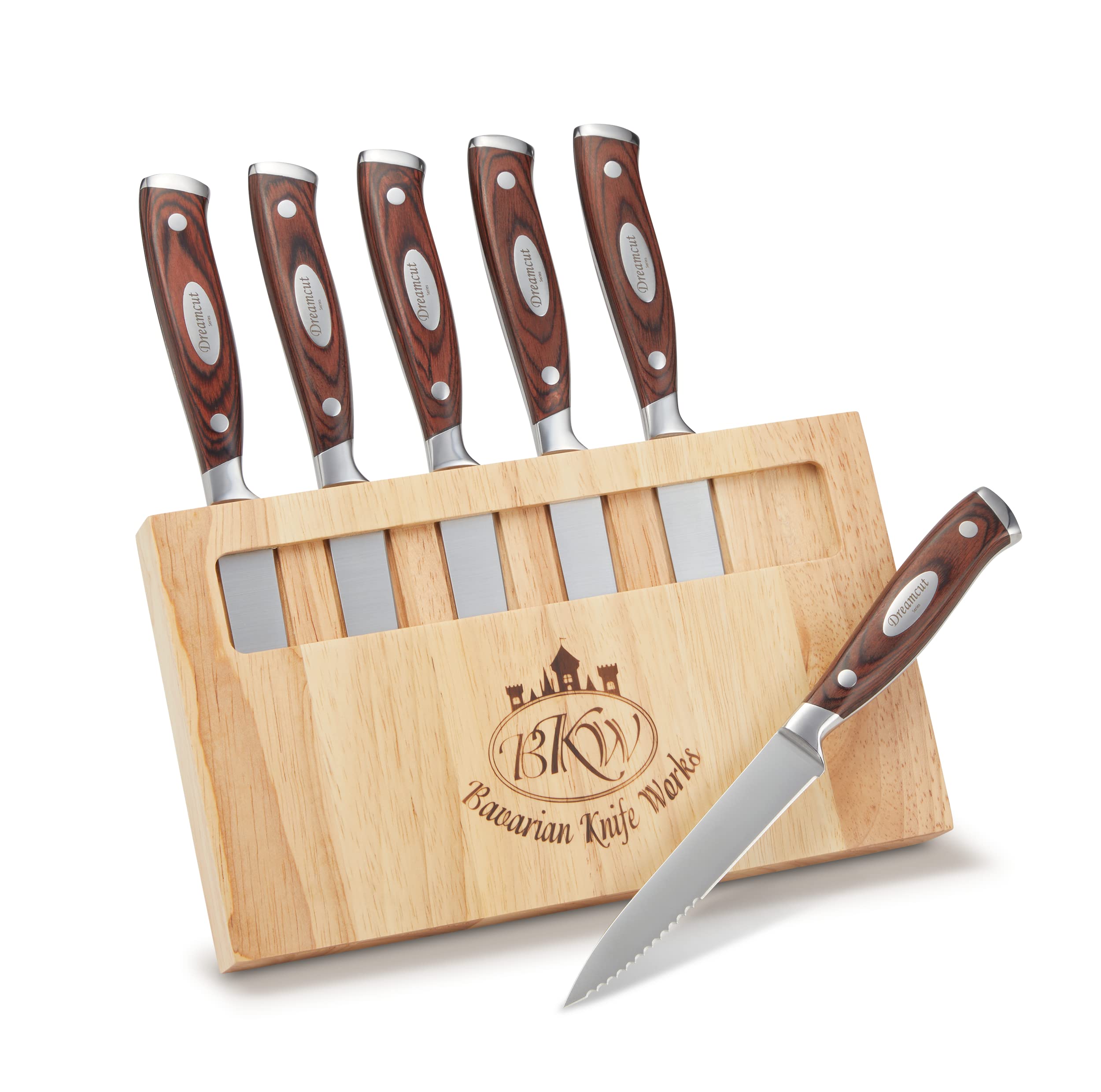 Bavarian Knife Works 19 Pieces Kitchen Knife Set, Knife Block Set with Steak Knives, Razor Sharp Blades, Ergonomic Pakkawood Handle, Light Weight Easy to Sharpen made of German Steel