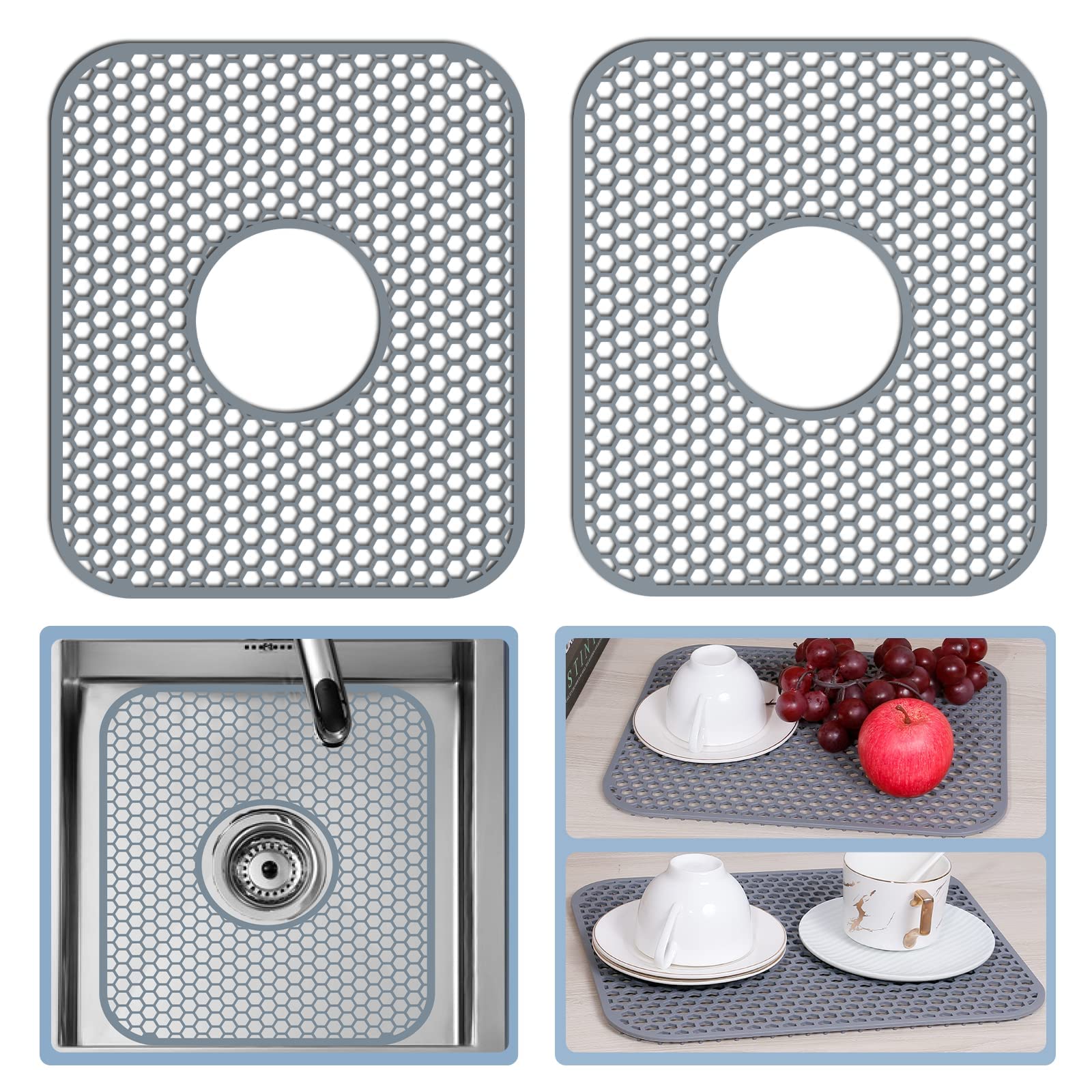 Bestjing Silicone Sink Mat, 2 Pack 13.58''x 11.6'' Sink Protectors for Kitchen Sink with Center Drain, Non-Slip Heat Resistant Sink Mat Grid for Bottom of Stainless Steel Porcelain Sink (Center Hole)