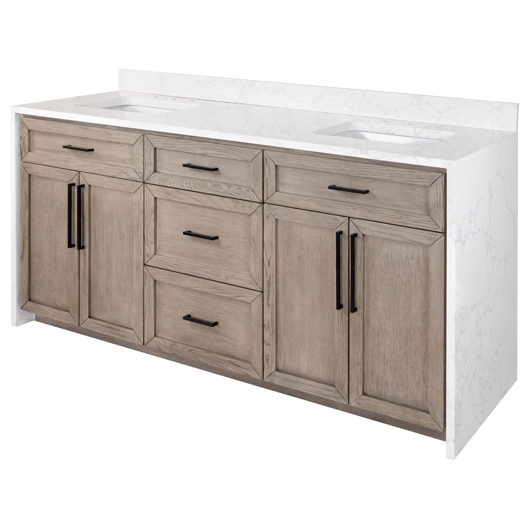 Kitchen Bath Collection Palisade 72-inch Double Bathroom Vanity (Engineered Marble/Gray Oak): Includes Gray Oak Cabinet with Engineered Marble Waterfall Countertop and White Ceramic Sinks