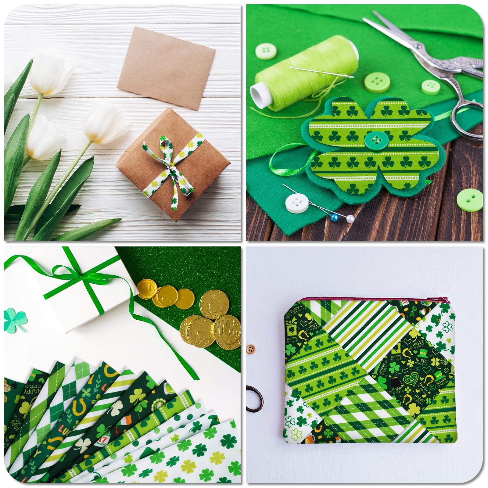 Whaline 12Pcs St. Patrick's Day Cotton Fabric Bundles 18 x 22 Inch Green Shamrock Printed Fat Quarters Lucky Clover Quilting Patchwork Squares Sewing Fabrics for DIY Handmade Crafting Home Party Decor