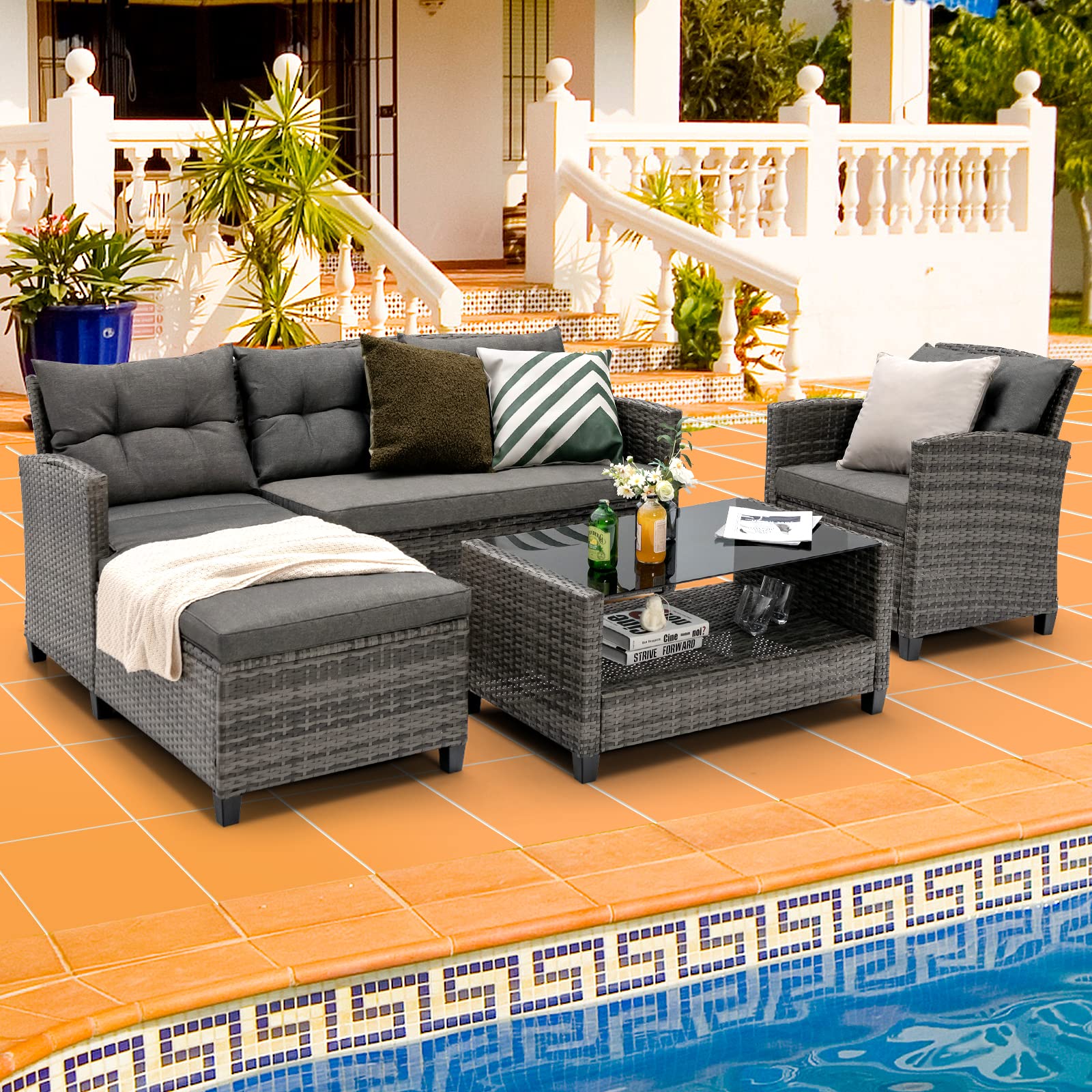 HAPPYGRILL 4 Pieces Patio Furniture Set Outdoor PE Wicker Sectional Sofa Set with Corner Sofa and Cushions, 2-Tier Coffee Table with Extra Storage Shelf, Patio Conversation Set for Poolside Backyard