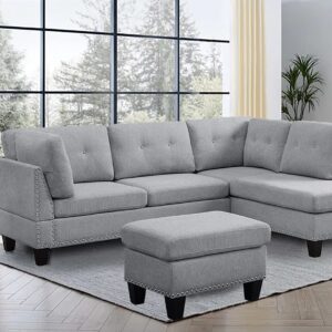 BEEY Modular Sectional Sofa Couch with Reversible Chaise, 3-Seat L Shaped Sectional Couch with Ottoman for Living Room, Right Facing Couch, Light Grey