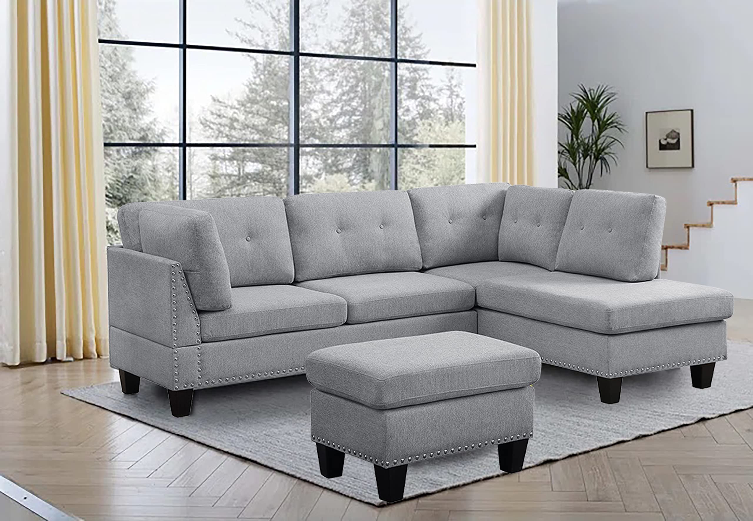 BEEY Modular Sectional Sofa Couch with Reversible Chaise, 3-Seat L Shaped Sectional Couch with Ottoman for Living Room, Right Facing Couch, Light Grey