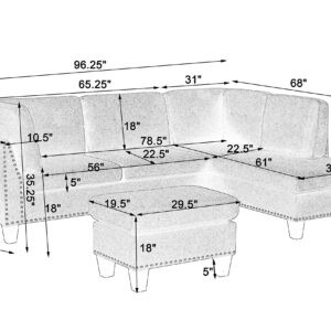 BEEY Modular Sectional Sofa Couch with Reversible Chaise, 3-Seat L Shaped Sectional Couch with Ottoman for Living Room, Right Facing Couch, Light Grey