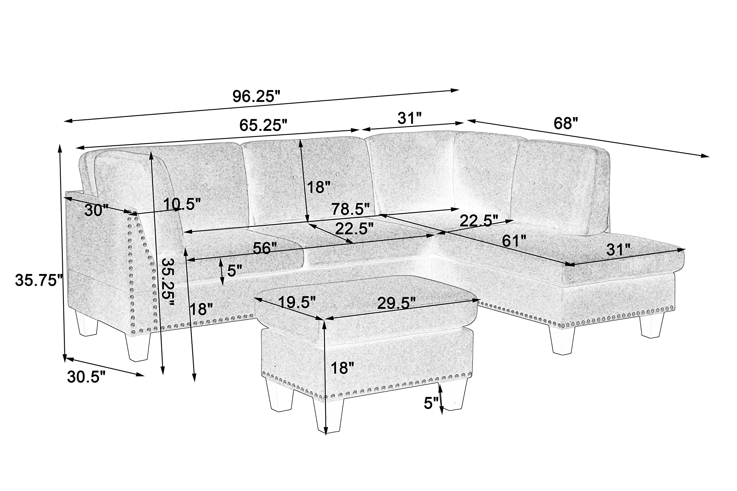 BEEY Modular Sectional Sofa Couch with Reversible Chaise, 3-Seat L Shaped Sectional Couch with Ottoman for Living Room, Right Facing Couch, Light Grey