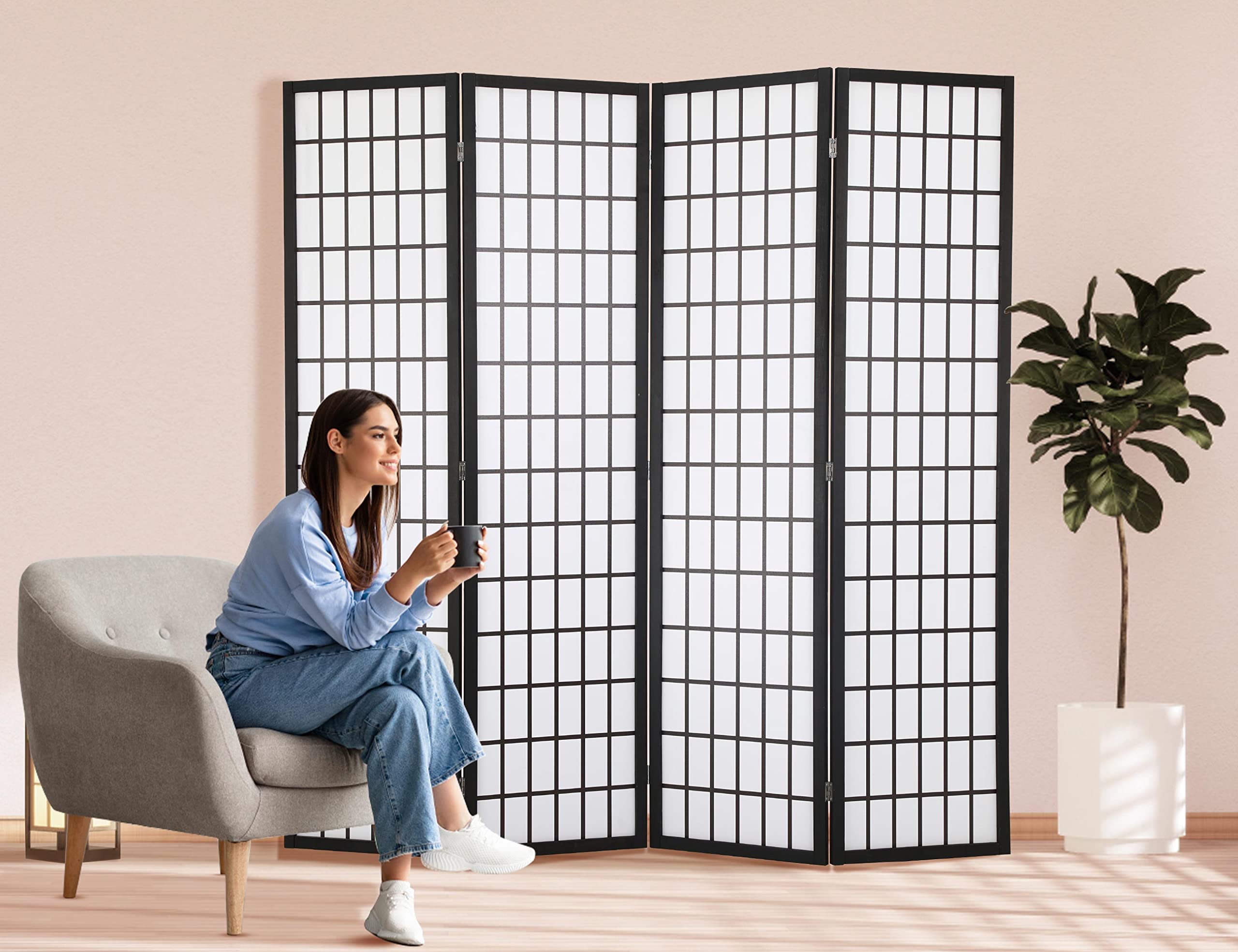 Room Divider, 4 Panel Plum Blossom Shoji Screen, 6FT Folding Chinese Wall Dividers with Waterproof Shoji Paper for Home Office Bedroom, Divider for Room Separation Japanese Style Room Dividers