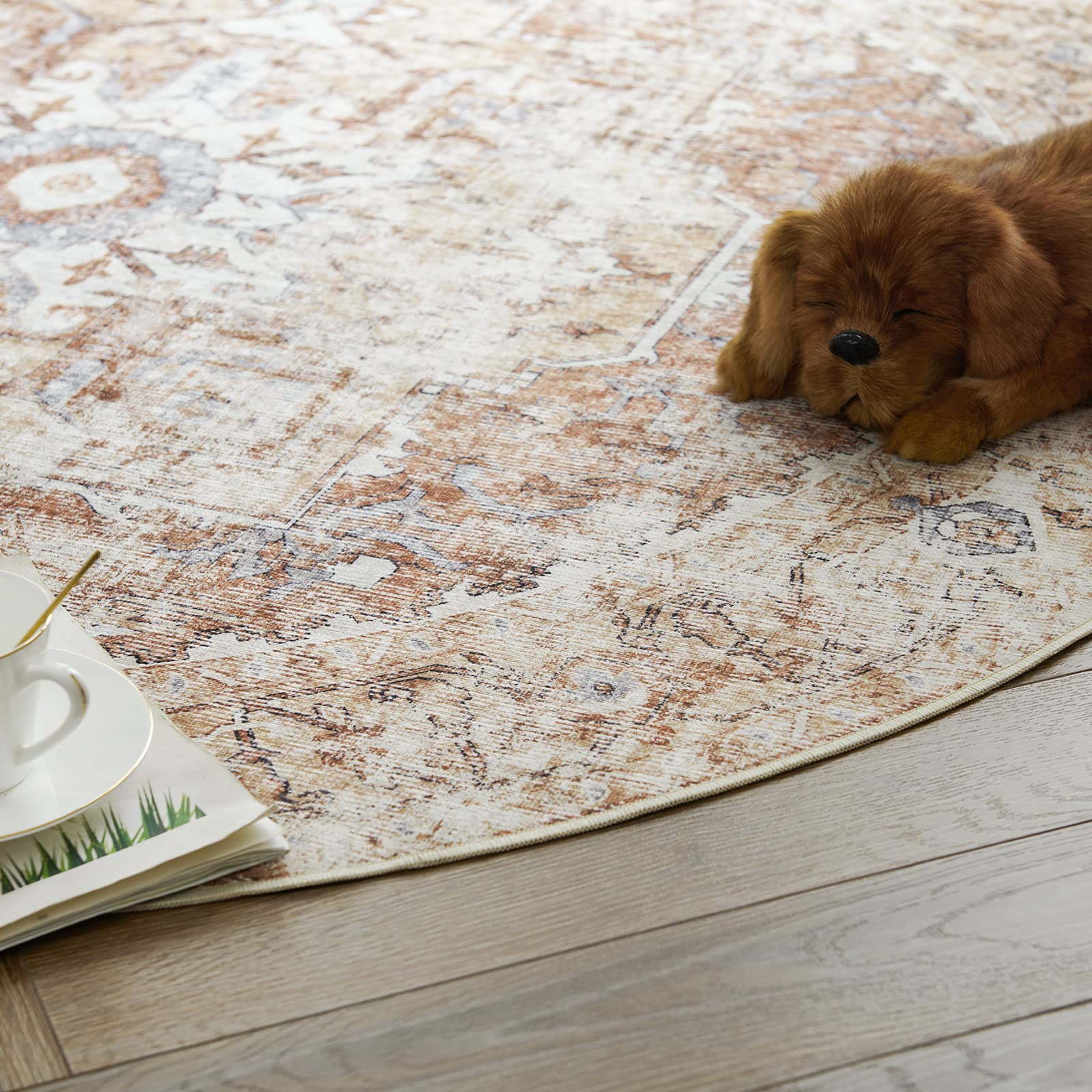 jinchan Round Rug 5ft Washable Rug Area Rug Vintage Rug Indoor Floor Cover Print Distressed Brick Red Multi Circle Rug 5' Round Chenille Accent Rug Kitchen Living Room Bedroom Dining Room