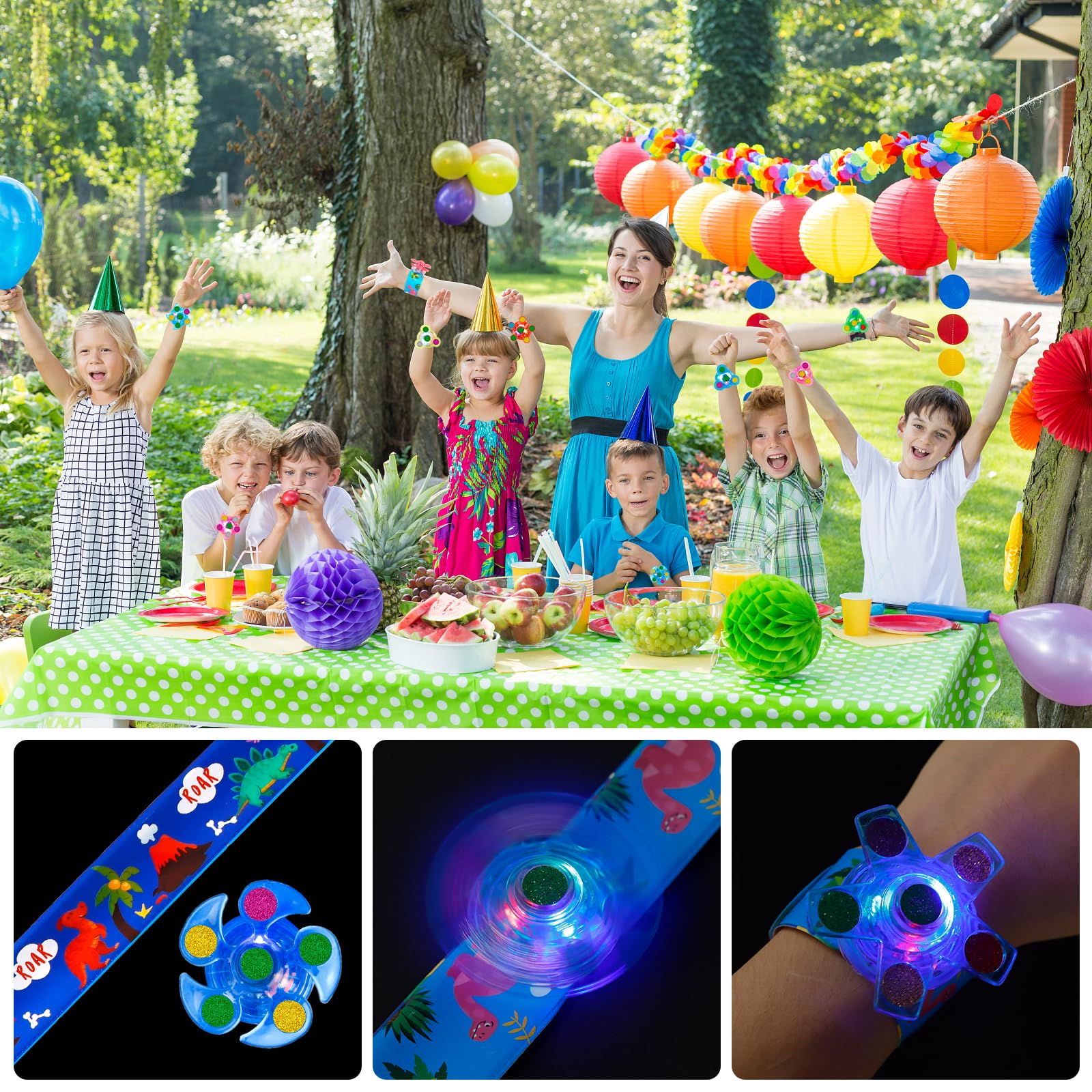 SEKEAHU 25 PCS Light Up Fidget Rotating Toy + 25PCS Slap Bracelets, Dinosaur Christmas Party Favors Stocking Stuffers for Kids 4-8-12 Goodie Bag Stuffers Glow in The Dark Supplies Gifts