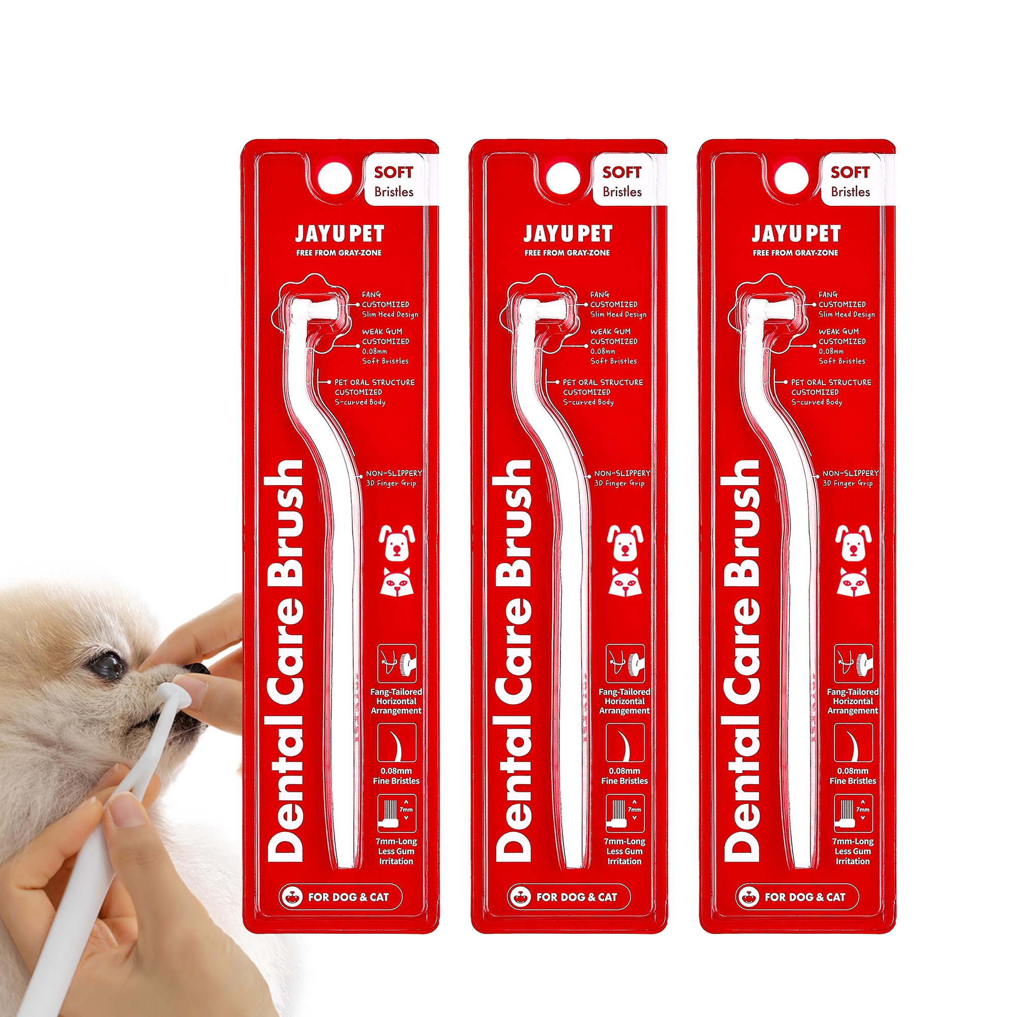 JAYU PET Dental Care Brush (Soft Bristles) 3ea - Toothbrush for Small Dog and Cat with Horizontal Head & Easy Grip Handle