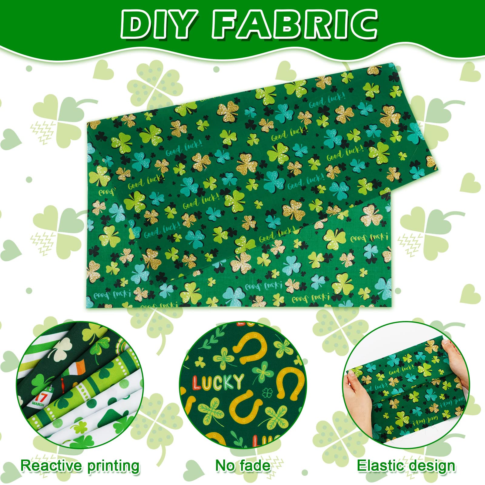 Whaline 12Pcs St. Patrick's Day Cotton Fabric Bundles 18 x 22 Inch Green Shamrock Printed Fat Quarters Lucky Clover Quilting Patchwork Squares Sewing Fabrics for DIY Handmade Crafting Home Party Decor