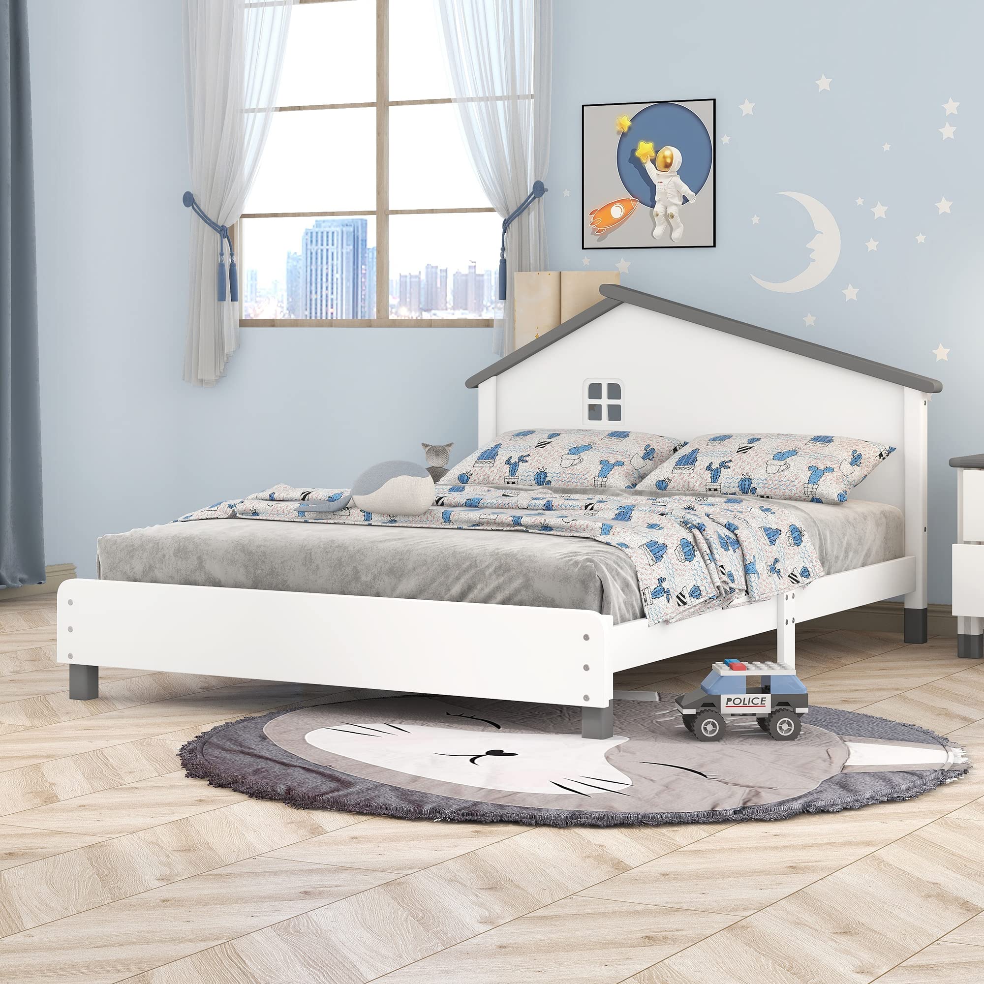 Merax Kids Beds with House Frame Headboard Full Size, Fun Wood Low Bed Frame for Boys,Girls, No Box Spring Need (Full, White+Gray)