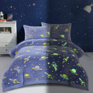 hombys glow in the dark comforter set 5 piece twin/twin xl with sheets, blue space astronauts velvet bedding comforter sets, ultra soft down alternative comforter for boys kids, bed in a bag