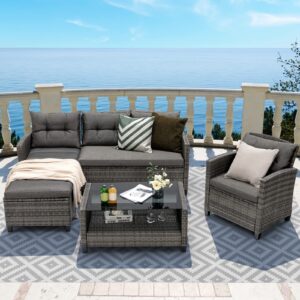 HAPPYGRILL 4 Pieces Patio Furniture Set Outdoor PE Wicker Sectional Sofa Set with Corner Sofa and Cushions, 2-Tier Coffee Table with Extra Storage Shelf, Patio Conversation Set for Poolside Backyard