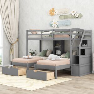 triple bunk beds with stairs , wood twin over twin & twin bunk bed with storage drawers and built-in shelves, triple bed for kids ,3 bed bunk beds with storage for girls boys ,grey