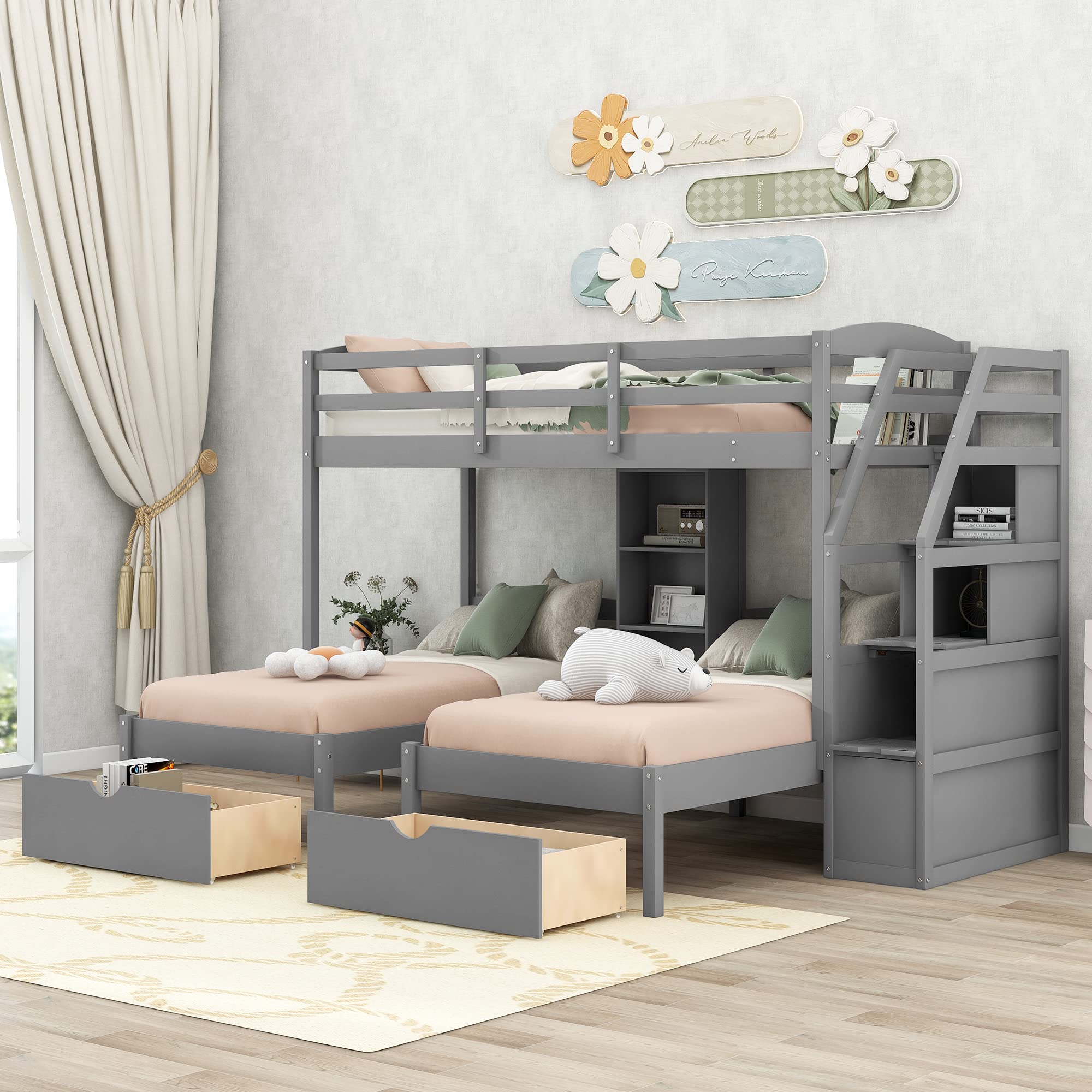 Triple Bunk Beds with Stairs , Wood Twin Over Twin & Twin Bunk Bed with Storage Drawers and Built-in Shelves, Triple Bed for Kids ,3 Bed Bunk Beds with Storage for Girls Boys ,Grey