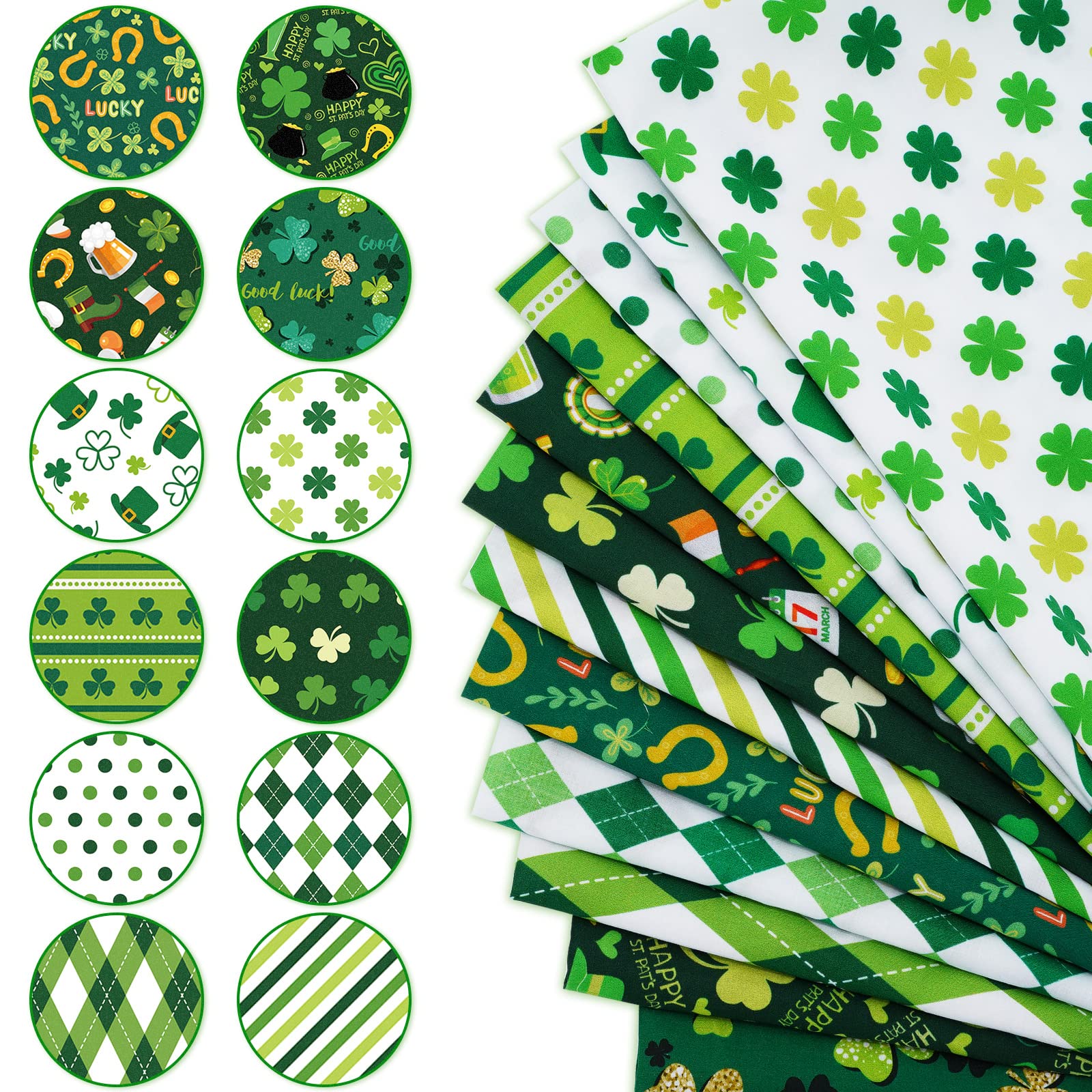 Whaline 12Pcs St. Patrick's Day Cotton Fabric Bundles 18 x 22 Inch Green Shamrock Printed Fat Quarters Lucky Clover Quilting Patchwork Squares Sewing Fabrics for DIY Handmade Crafting Home Party Decor