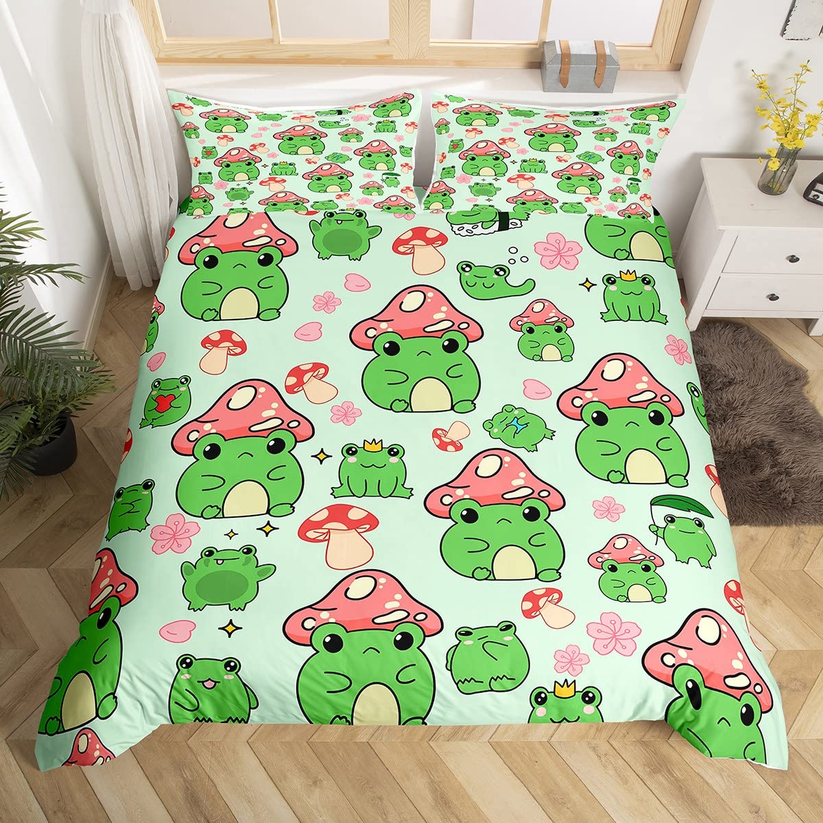 Mushroom Frog Duvet Cover Set Twin Size Cute Mushroom Bedding Set 2pcs for Kids Girls Boys Bedroom Decor Cartoon Animals Plants Comforter Cover Pink Green Quilt Cover,1 Pillowcase