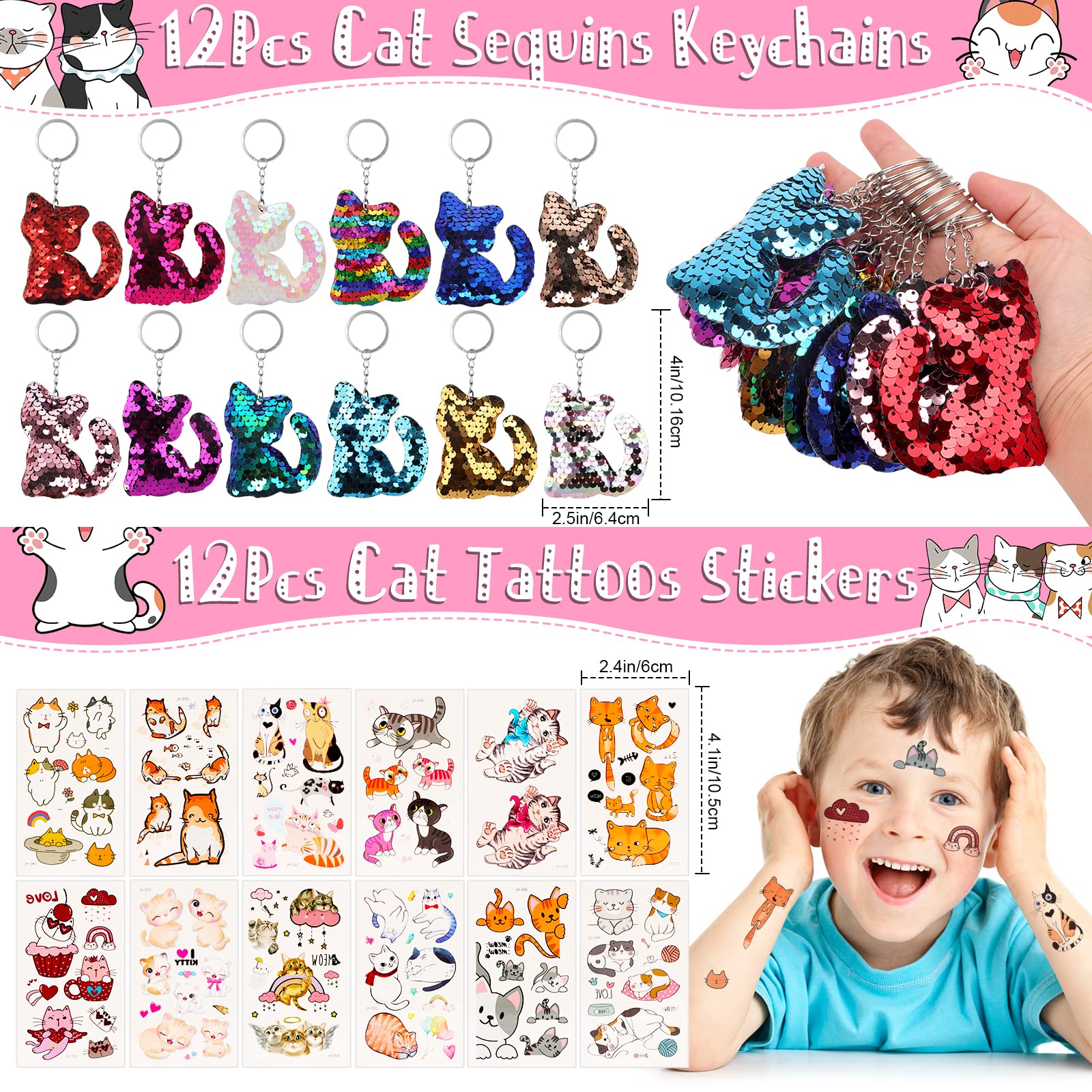 122Pcs Cat Party Favors for Kids - Cat Themed Birthday Party Supplies Cat Ears Headband Flip Sequin Cat Keychain Cat Tattoo Stickers Squeezing Stress Toys Goodie Bag Stuffers Pinata Fillers for Girls