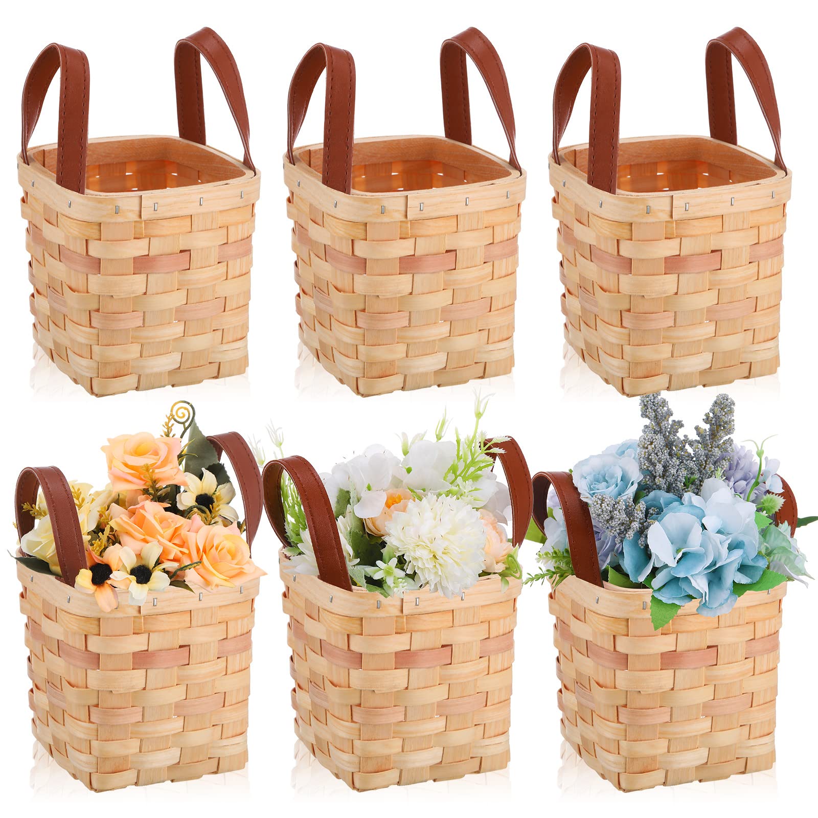 Rtteri 6 Pcs 4.5x4.5x4 In Small Wicker Baskets Woodchip Baskets with Handles Wood Woven Easter Empty Wicker Baskets for Gifts Small Square Basket Storage Organizing Pantry Party Container(Yellow)