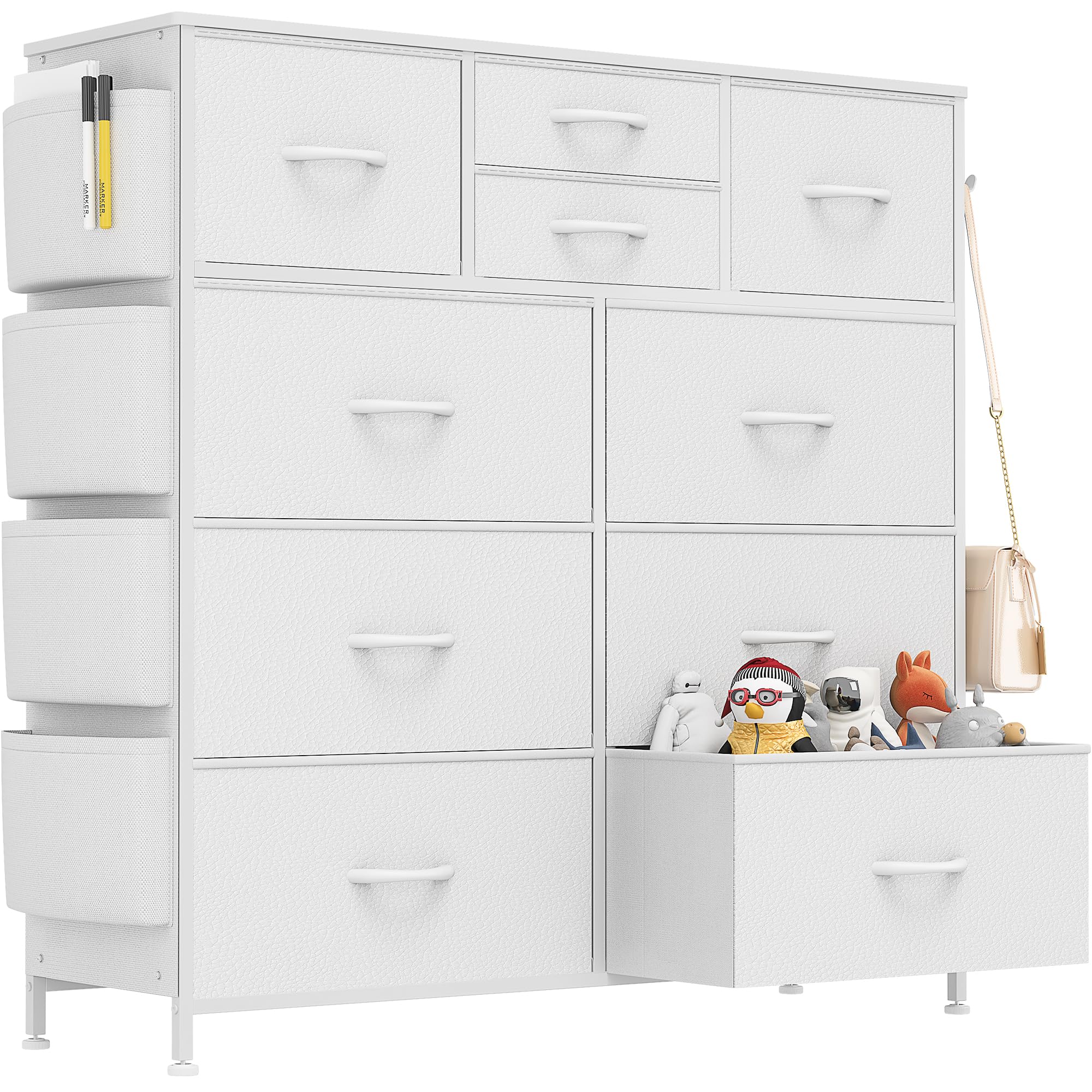 Lulive White Dresser for Bedroom with 10 Drawers, Chest of Drawers with Side Pockets and Hooks, PU Storage Dresser, Organizer Unit for Living Room, Hallway, Closet (White)