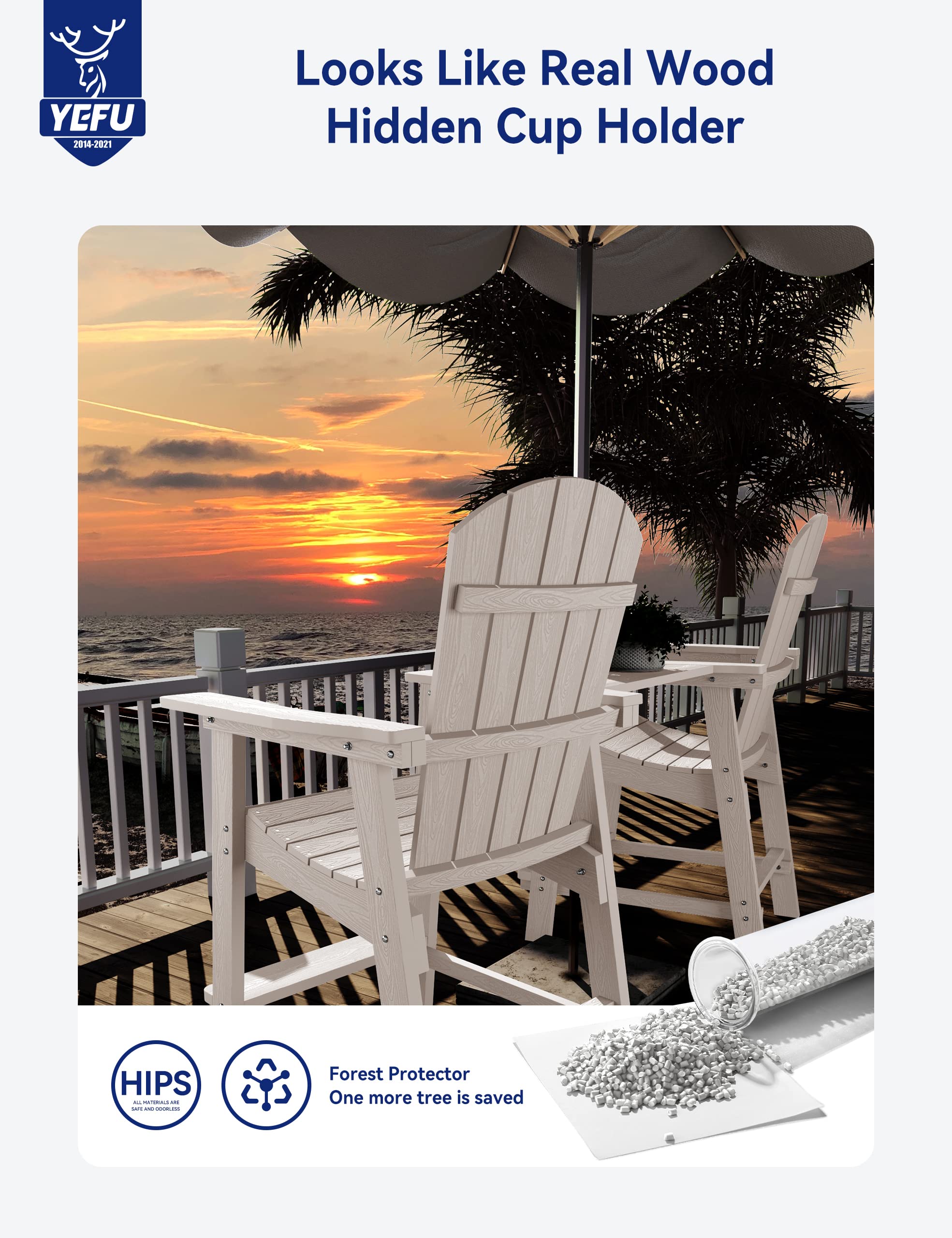 YEFU Balcony Chair, Tall Adirondack Chair Set of 2 with Connecting Tray, Poly Lumber Adirondack Chair Bar Stools, Patio Stools, 380lbs, Weather Resistant for Outdoor Deck Lawn Pool Backyard-White