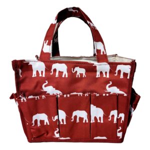 SONA G DESIGNS Small Fashion Organizing Tote Bag - 12 Outside Pockets Bingo Cosmetics Crafts Yarn Crochet Projects - Burgundy Elephant