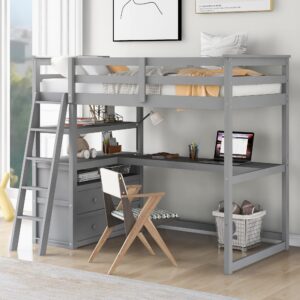 bellemave twin loft bed with desk and storage drawers wood loft bed with bookshelf and ladder for kids boys girls teens, gray