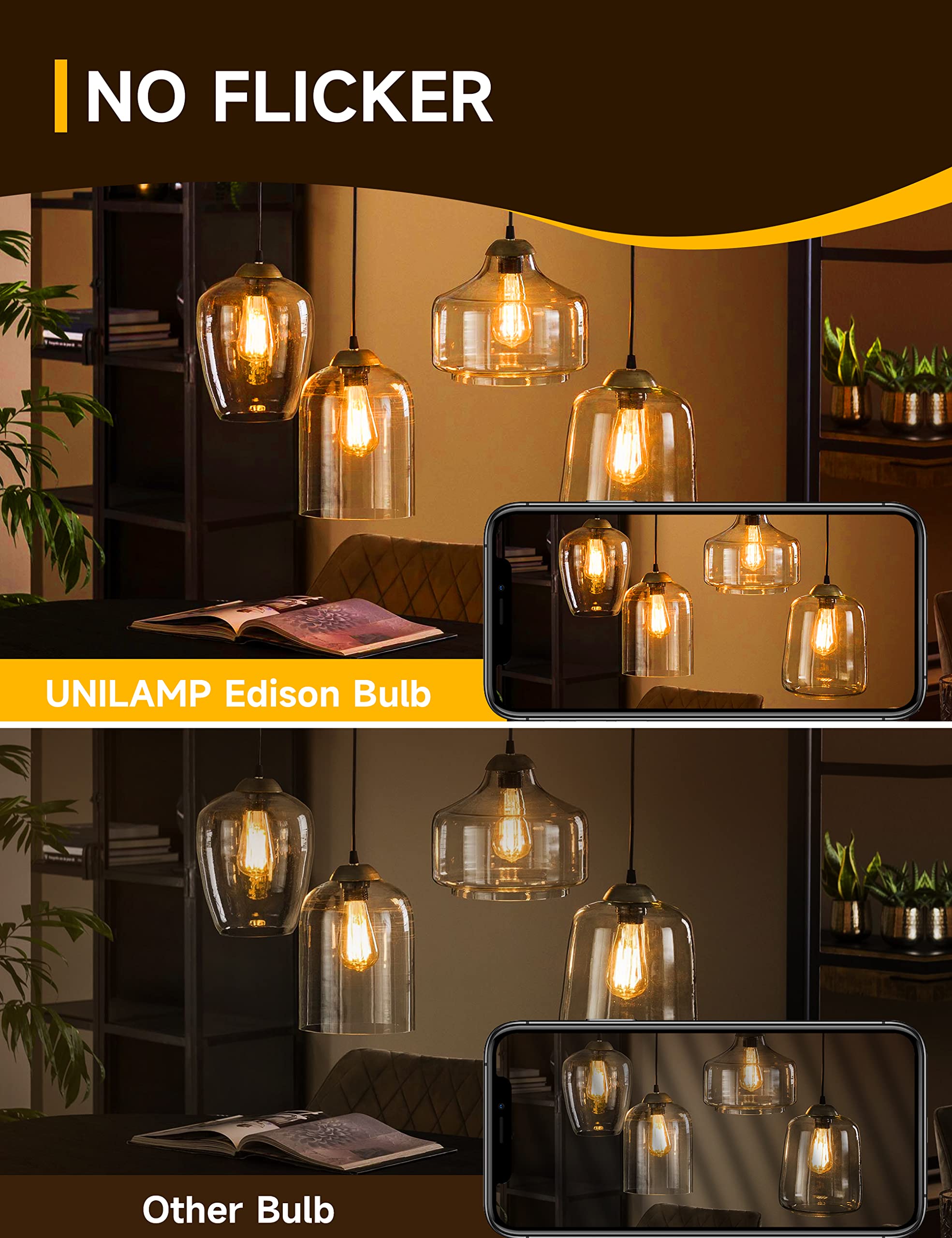 UNILAMP Dimmable LED Edison Bulb, ST64 E26 Base Lighting Vintage LED Bulbs, 6W Vintage LED Light Bulb(60W Equivalent), 600lm, 2200K Amber Warm, High Brightness Amber Glass (2 Packs)