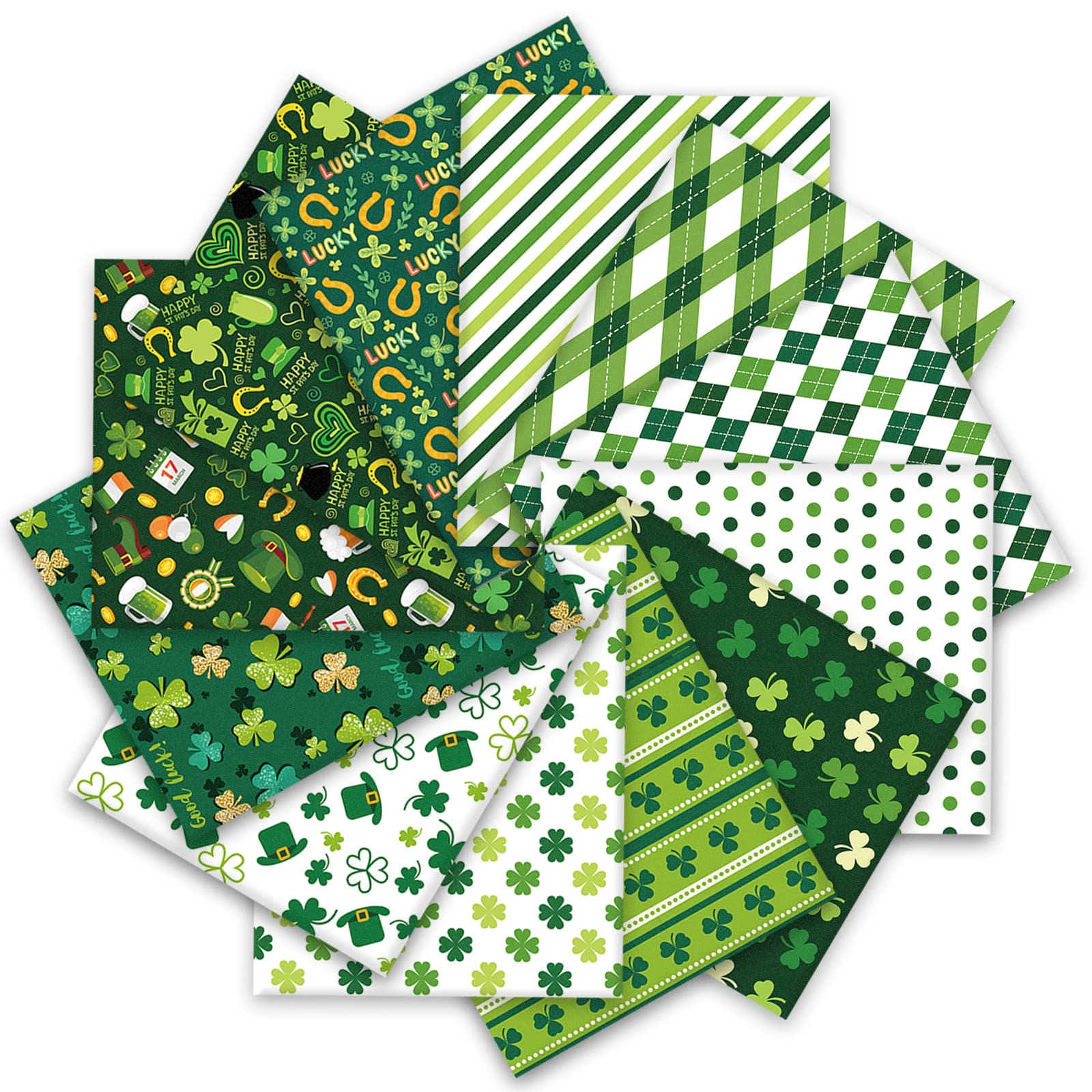 Whaline 12Pcs St. Patrick's Day Cotton Fabric Bundles 18 x 22 Inch Green Shamrock Printed Fat Quarters Lucky Clover Quilting Patchwork Squares Sewing Fabrics for DIY Handmade Crafting Home Party Decor