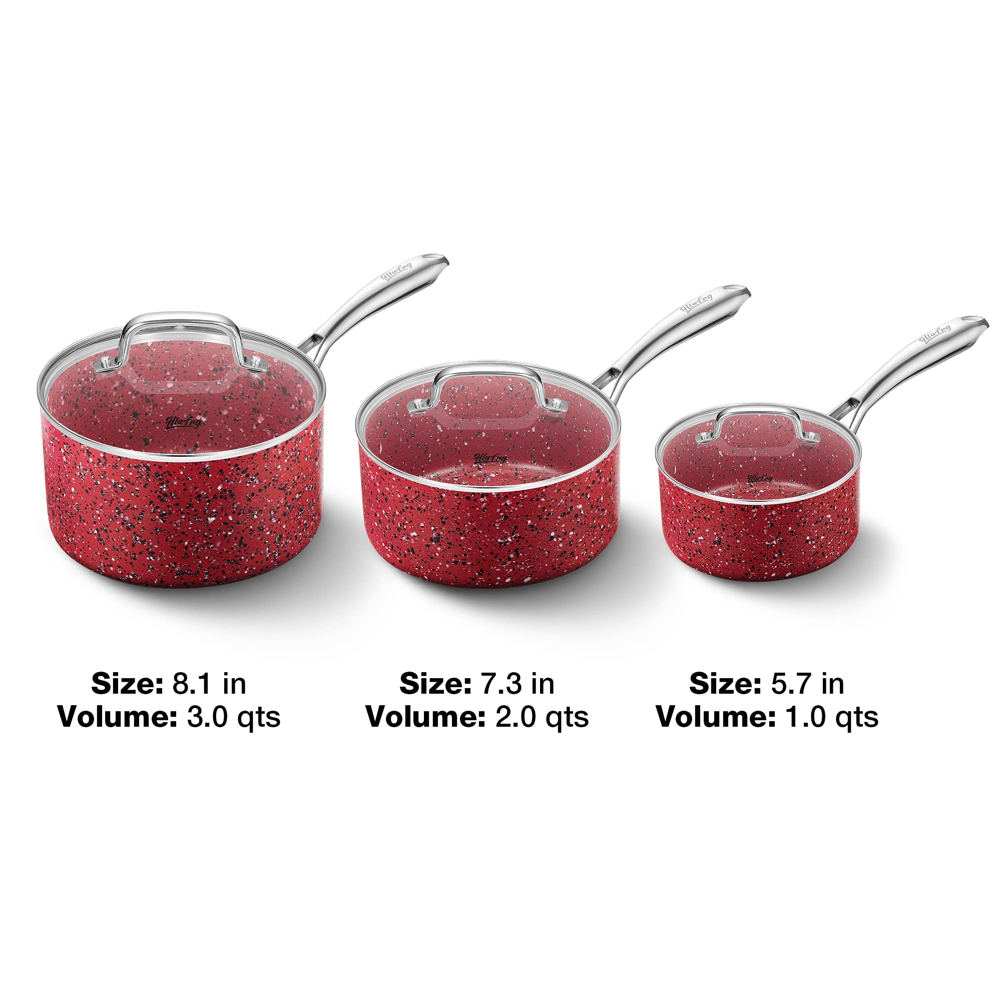 HLAFRG Nonstick Premium 3-Piece Saucepan Set with Glass Lids, Natural Durable Granite Coating, Nonstick, Durable & Oven Safe to 450°F, 1&2&3QT, Red