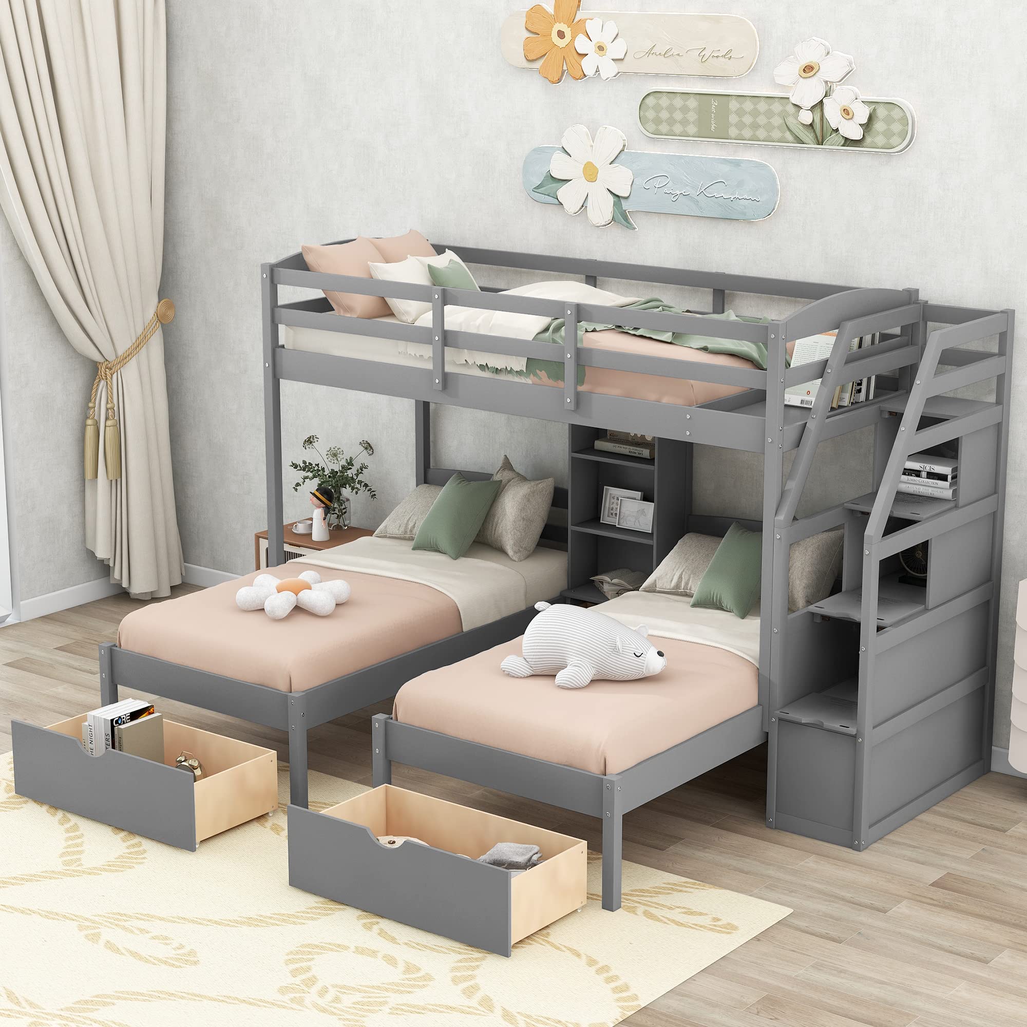 Triple Bunk Beds with Stairs , Wood Twin Over Twin & Twin Bunk Bed with Storage Drawers and Built-in Shelves, Triple Bed for Kids ,3 Bed Bunk Beds with Storage for Girls Boys ,Grey