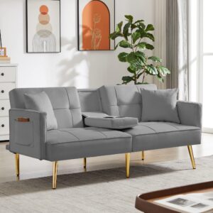 sevenwood velvet futon sofa bed with cup holder,velvet small loveseat sleeper bed, modern folding sleeper couch with 2 pillows and 6 gold metal legs for living room. (grey)